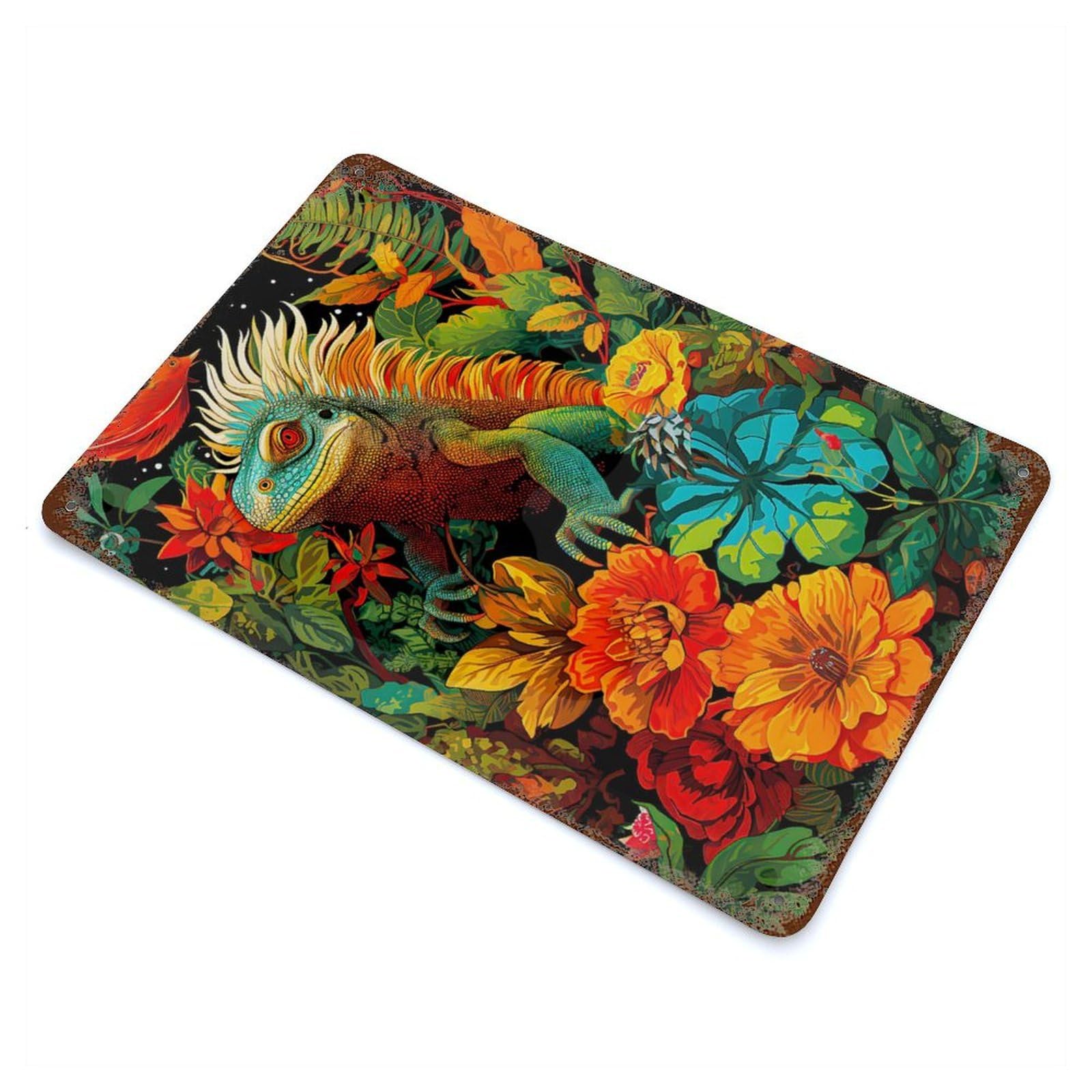 Lizard Wild Flowers Rustic Tin Plaque 11.8"x7.9", for Shed, Workshop And Garage Wall Decor, Farmhouse Wall Decor