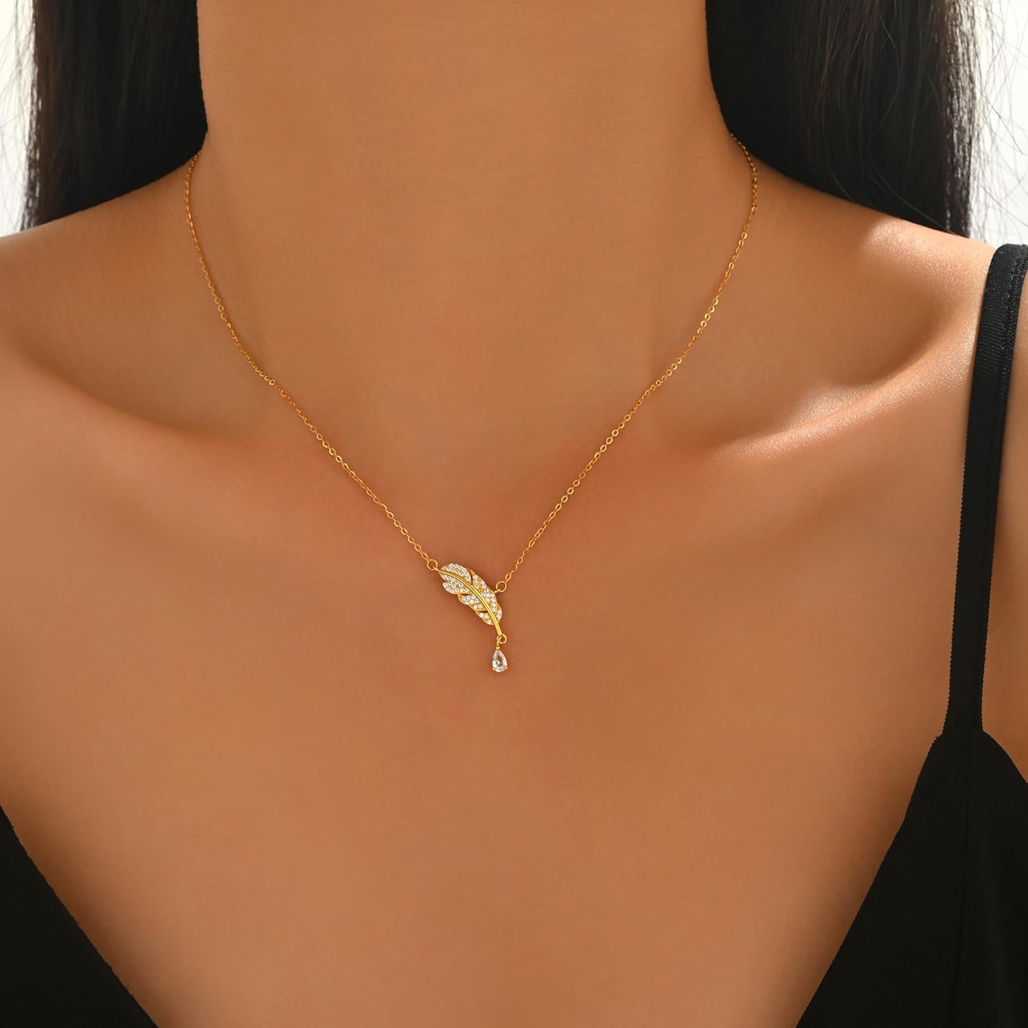 LOVECOM 925 Sterling Silver Boho Feather Necklaces for Women Dainty 14k Gold Plated Tear Drop Cubic Zirconia Pendant Necklace Cute Wings Western Jewelry Birthday Gifts to Daughter Friends - Image 3