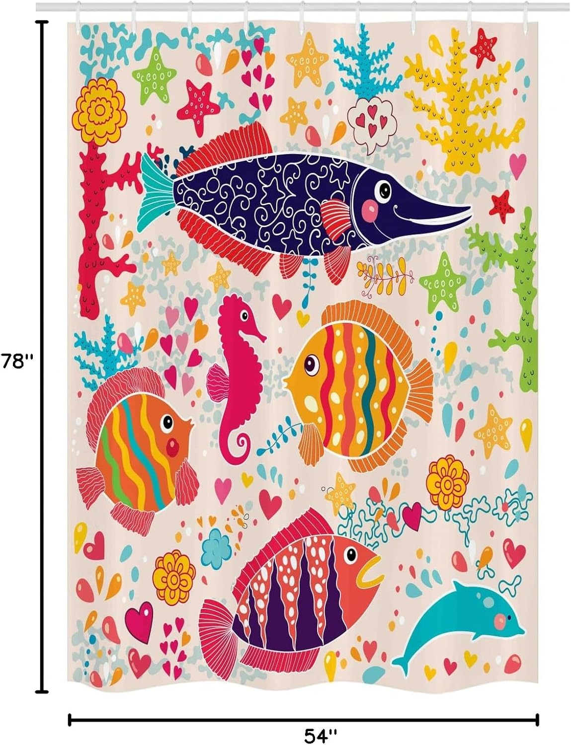 Ambesonne Sea Animals Stall Shower Curtain, Art Fish Seahorse Starfish Dolphin Coral Underwater Life, Fabric Bathroom Decor Set with Hooks, 54" W x 78" L, Indigo Apricot Eggshell