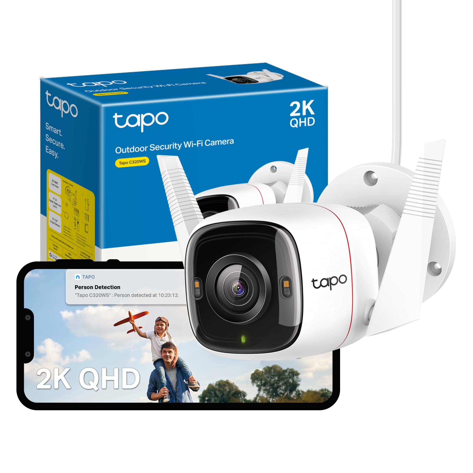 TapoC320WS 2K QHD Wireless & Wired Security Camera Outdoor, IP66, Person/Vehicle Detection, Starlight Colour Night Vision, Cloud and Local Storage, Works With Alexa and Google, No Monthly Fee