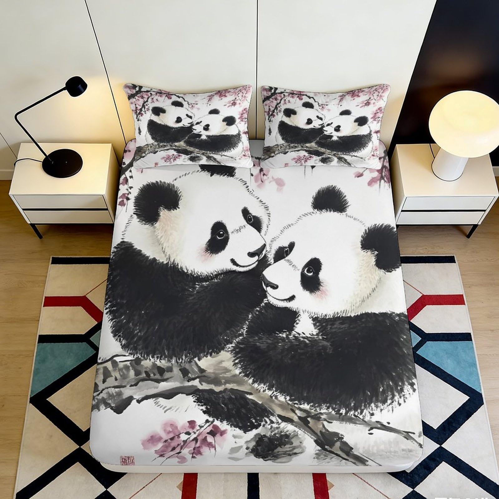3D Printed Panda Family Fitted Sheet Microfiber Soft Breathable Bamboo Forest Bed Cover for Bedroom Guest Room Decor 90x200x25cm