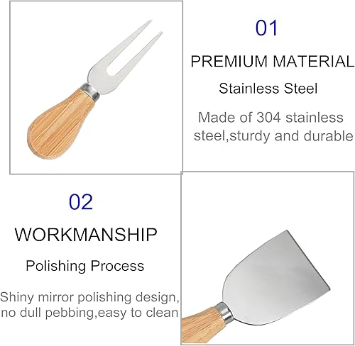 Miniatura 3 de Juego de 4 cuchillos de queso con mango de madera de bambú, juego de mini cuchillos de queso de acero inoxidable para tabla de charcutería, cuchillo