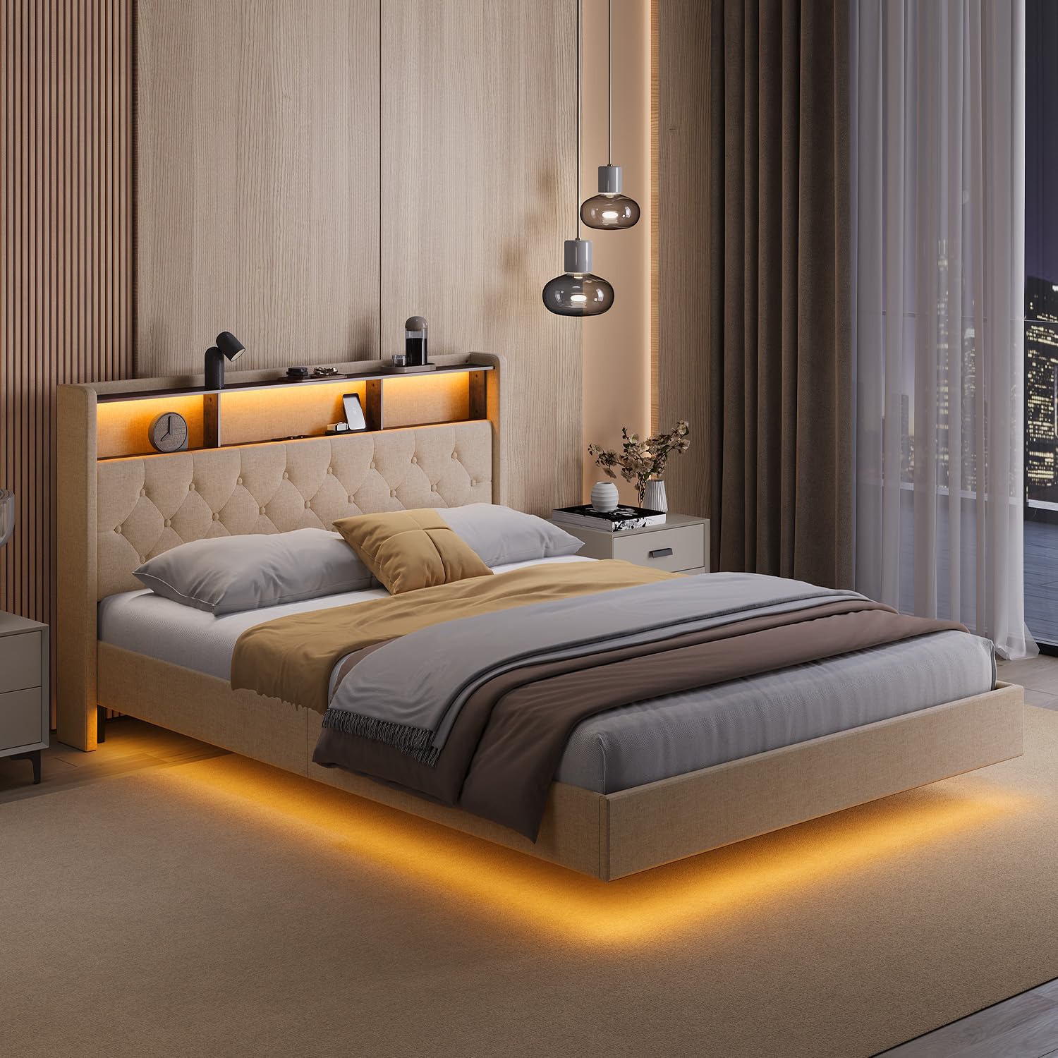 Xbro Letto Matrimoniale 140x200 Fluttuante LED RGB con Prese TYPE-C