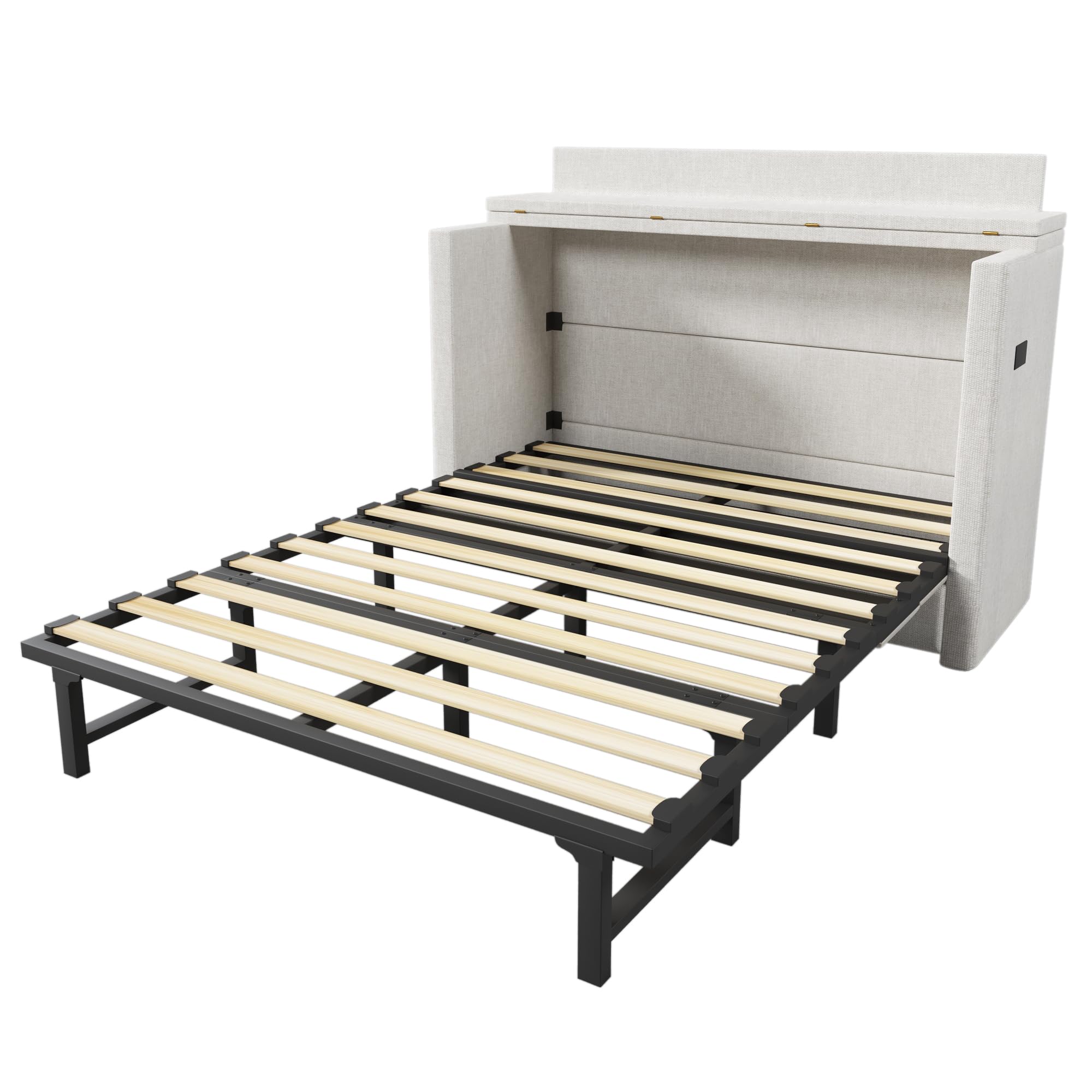 Idemon Cama para armario, 140 x 200 cm, con un cajón, cama móvil con compartimento de almacenamiento en la cama, con puertos USB y tipo C, cama de plataforma transformable, sin colchón, lino, beige