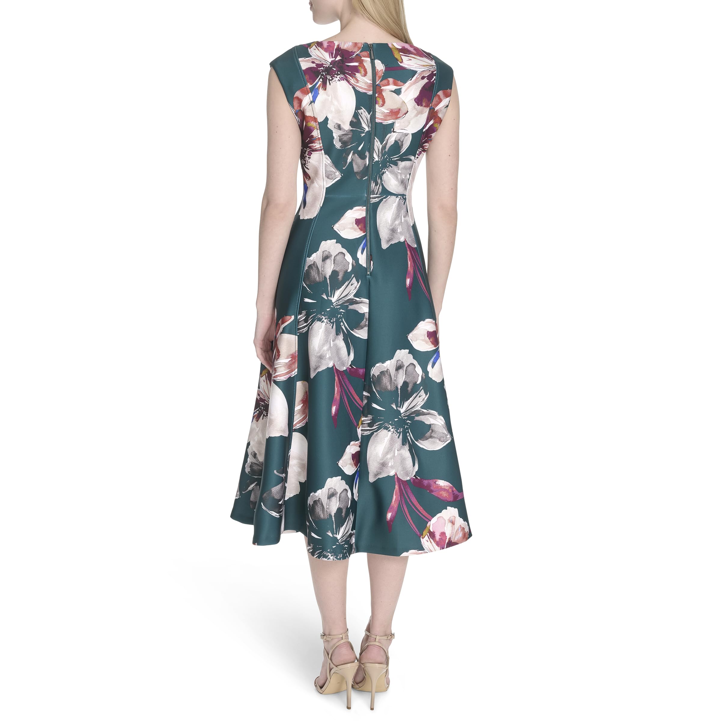 Calvin Klein Sleeveless Floral Print Scuba Crepe A-Line Dress with Hardware Vestito Donna