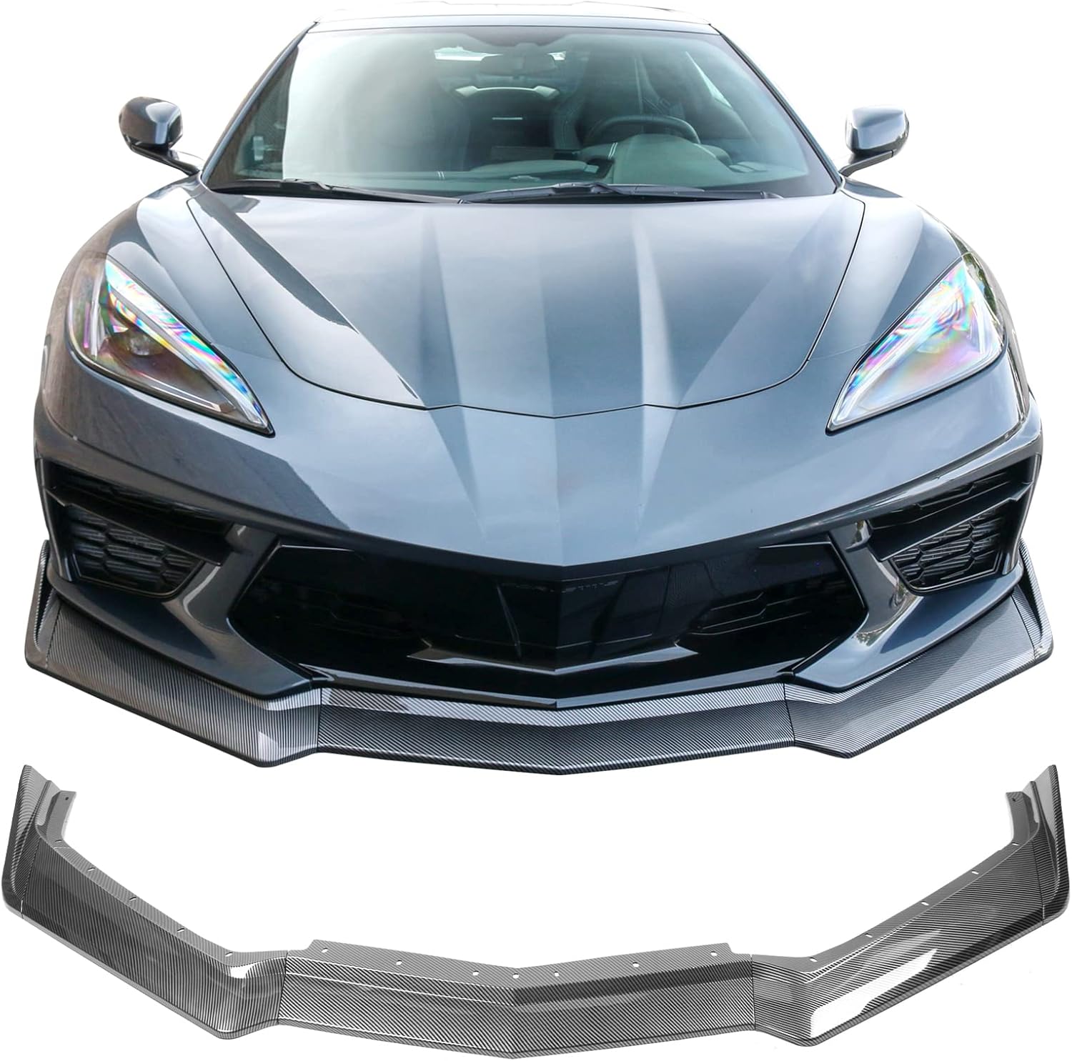 IKON MOTORSPORTS Front Bumper Lip Compatible with 2020-2025 Corvette, 5VM Style ABS Carbon Fiber Print Valance Chin Lip Spoiler Splitter
