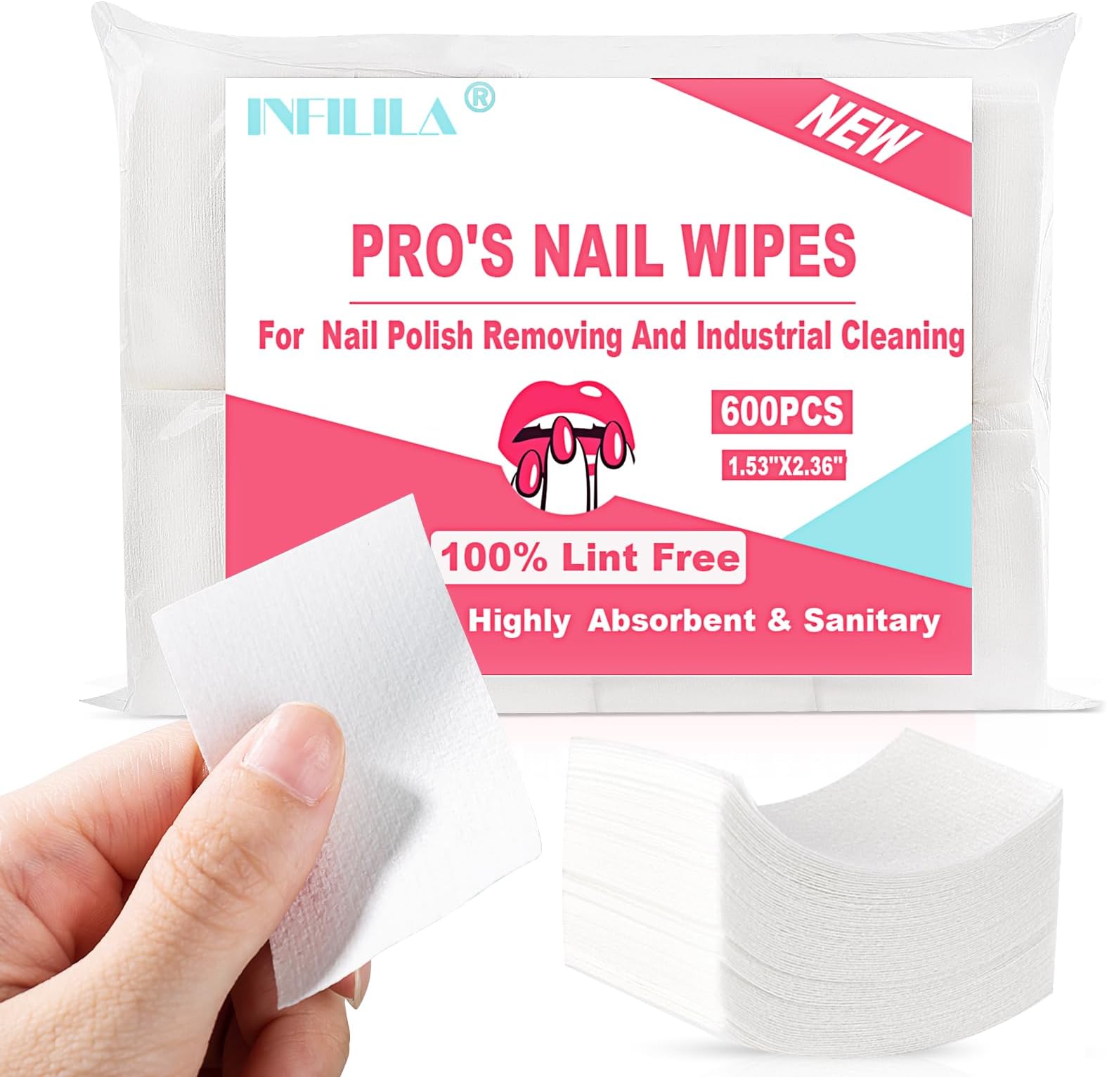 NXJ INFILILA Lint Free Nail Wipes, 600CS Natural Wood Pulp Nail Prep Wipes, Absorbent Acetone Nail Polish Remover Lash Extensions Glue Nail Cleaning Pads for Salon Supplies