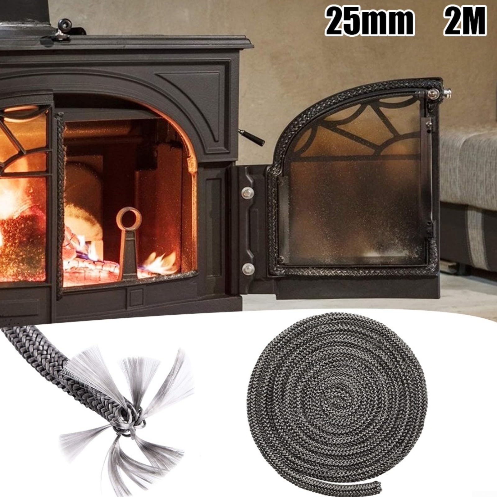 Guarnizione Per Porta Stufa In Fibra Di Vetro – Corda 25 Mm X 2 M, Resistente Al Calore Fino A 1000°C, Per Camini E Stufe A Legna