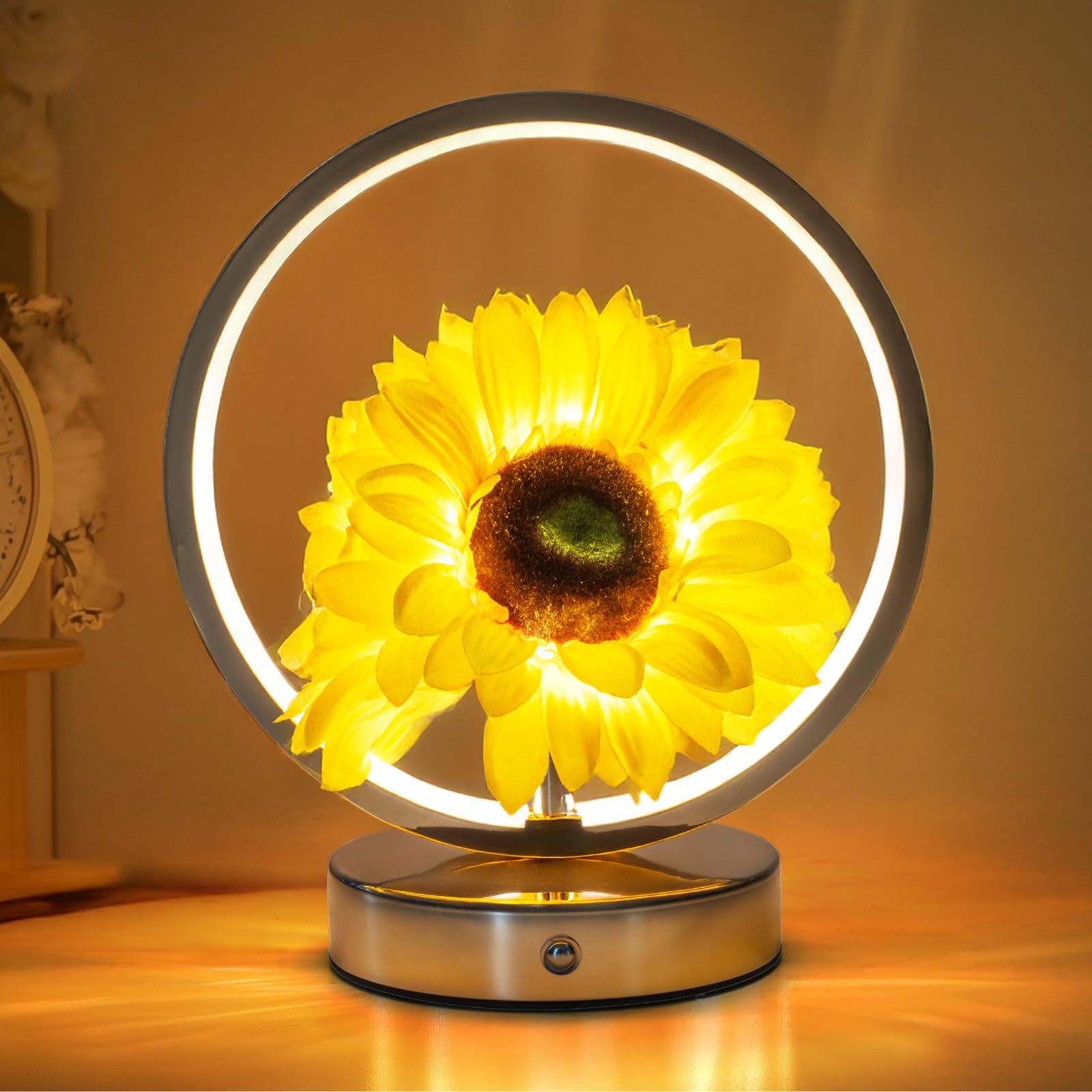Rechargeable Touch Table Lamp 3 Color Dimming Sunflowers Flower Lamp for Nightstand Sunflower Decor Birthday Gifts for Women