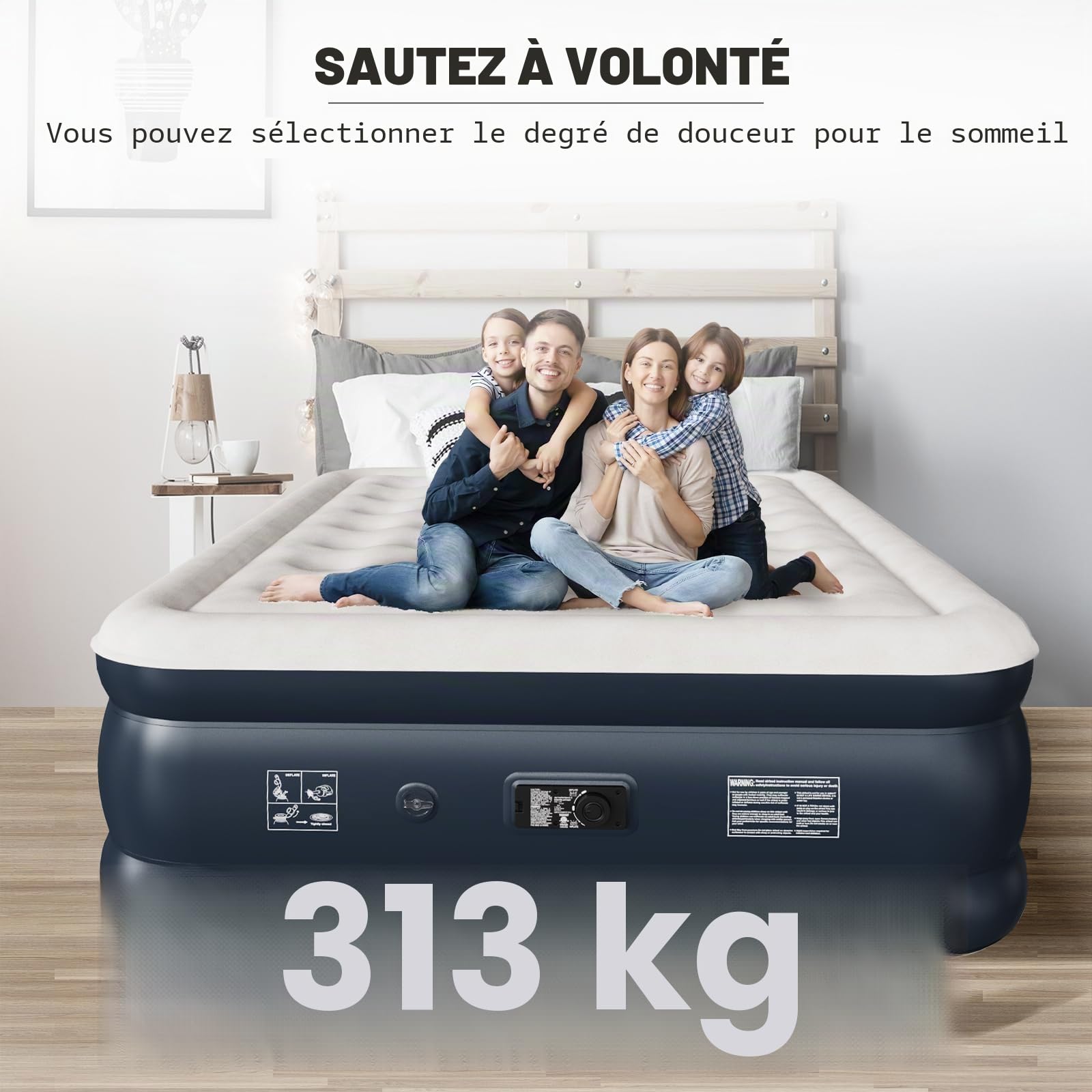 NALONE Matelas Gonflable 2 Personnes,lit Gonflable,Matelas Gonflable 2 Personnes Electrique Gonflage Rapide en Trois Minutes,Durable,pour Usage Domestique et recevoir des invités,201x150x46CM