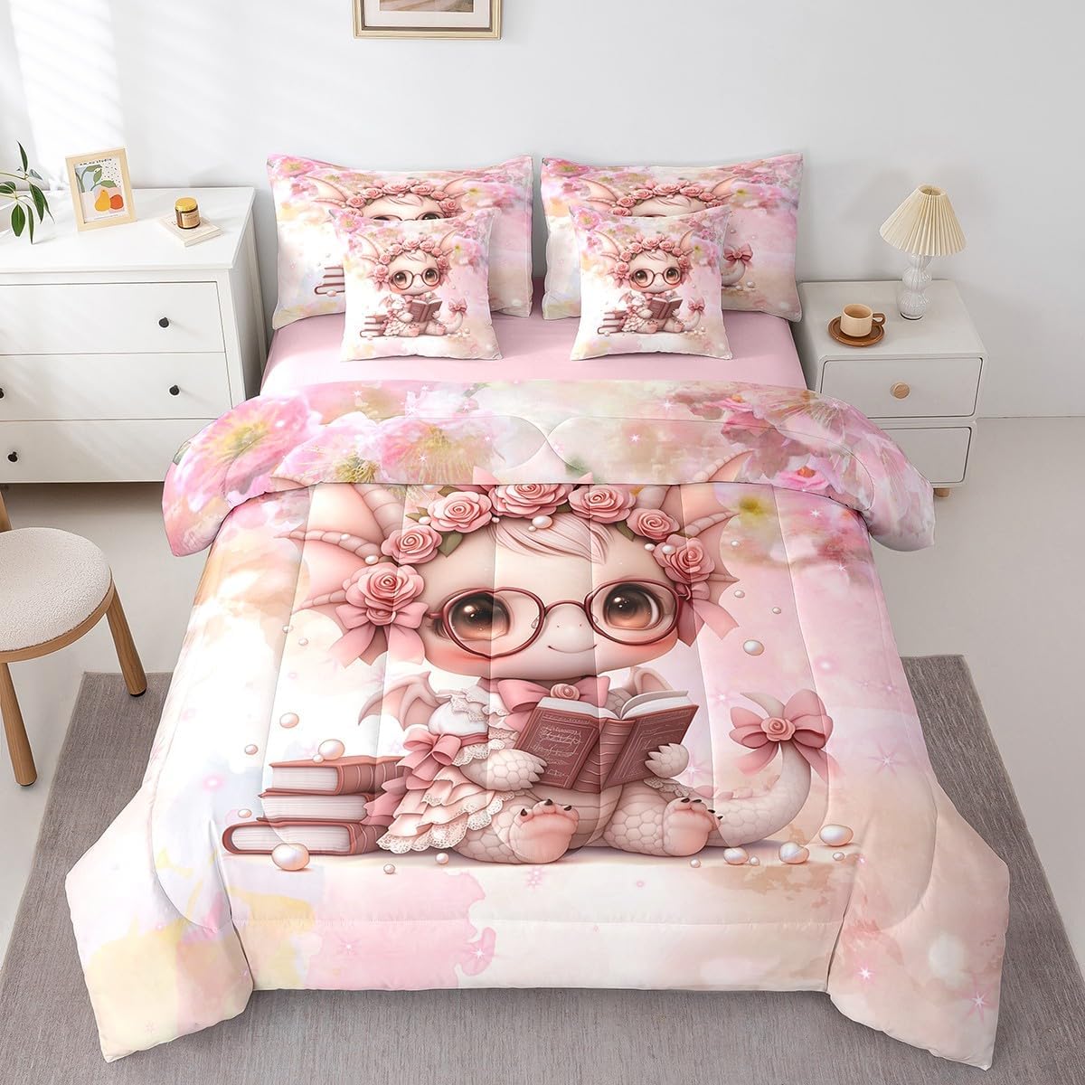 7 Pieces Kawaii Dragon Comforter Set Queen,Cute Girly Pink Flower Bowknot Bedding Set for Kids Teens Adults,Fantasy Magical Animal(Comforter+Fitted+Flat Sheet+2 Pillowcases+2 Throw Pillow Covers)