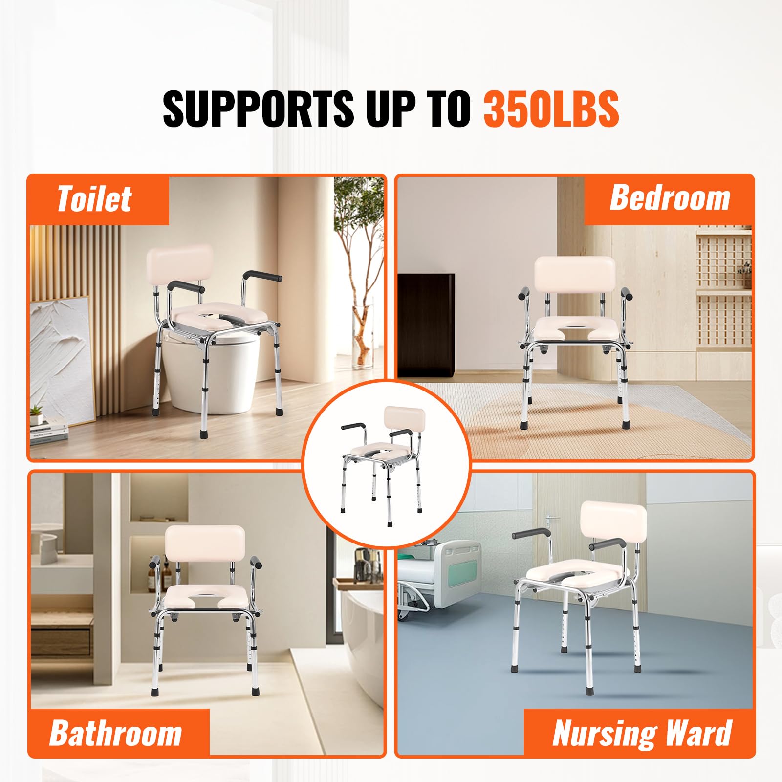 Happybuy Commode Chair, Bedside Commode with Padded Seat, Drop-Down Arms, 7-Level Adjustable Height, 5.8L Removable Bucket, Easy to Assemble, 350LBS Capacity, Portable Toilet for Adults Seniors