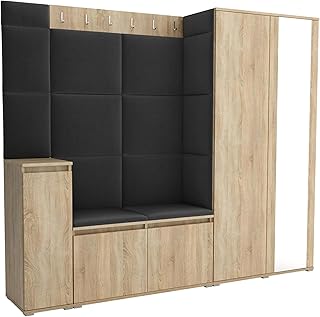 Brent - Garderobenschrank Flur Sonoma Eiche mit sitzbank 220 cm Breit Luton 8 - Multifunktionale Flurgarderobe Set mit Stauraum und Wandpaneel, Garderobe mit Sitzfläche und Kleiderhaken