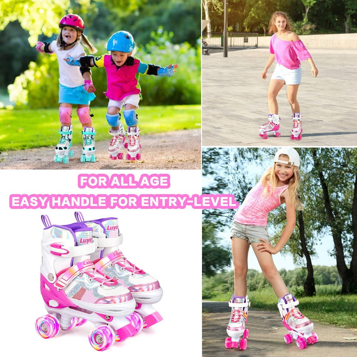 Roller Skates for Girls Boys Adjustable, 4 Size Ages 6-12 & 3-5, Kids Roller Skates with Light Up 8 Shining Wheels, 3 Color Shining for Toddlers Boys Girls Beginners