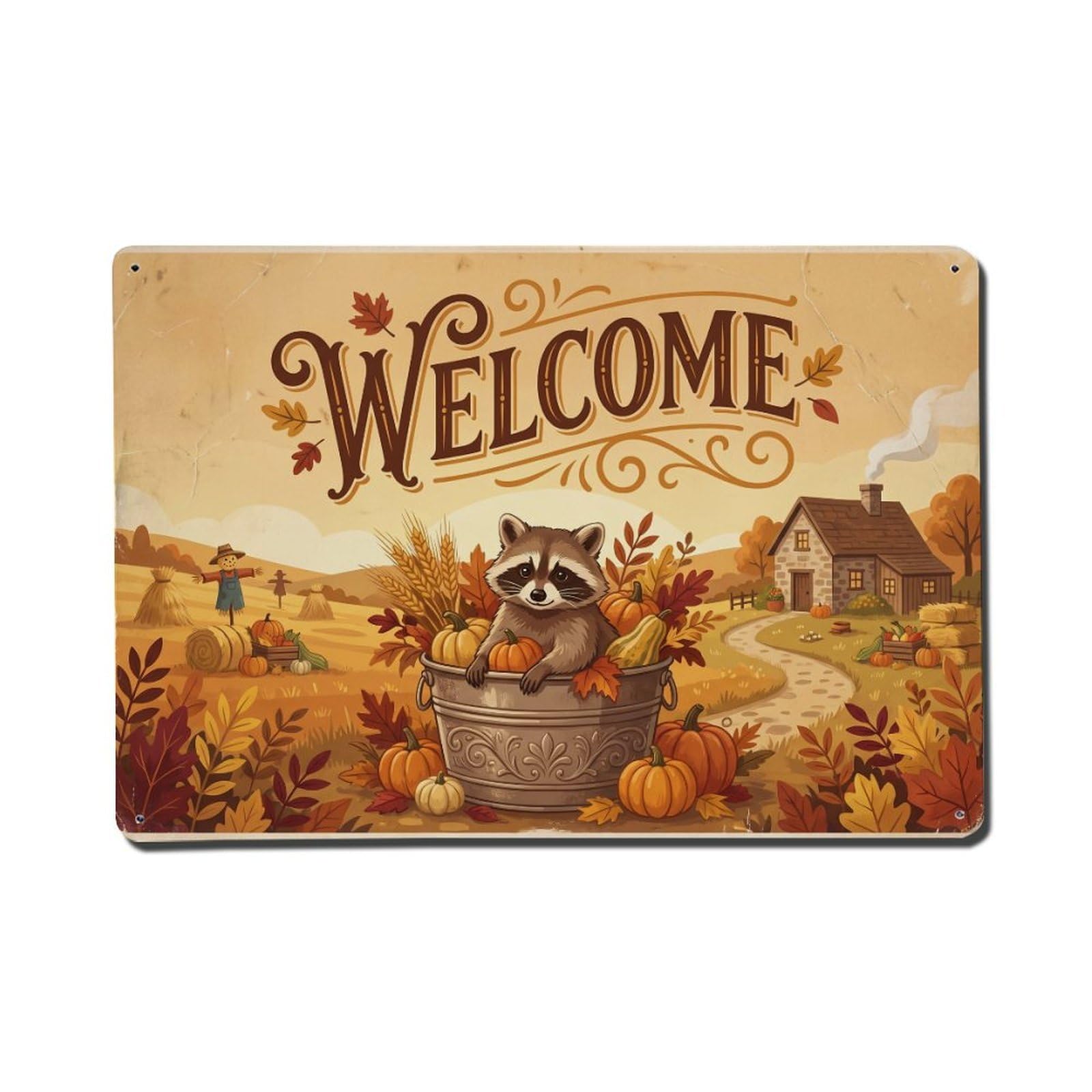 Vintage Welcome Raccoon Rustic Charm Metal Tin Sign