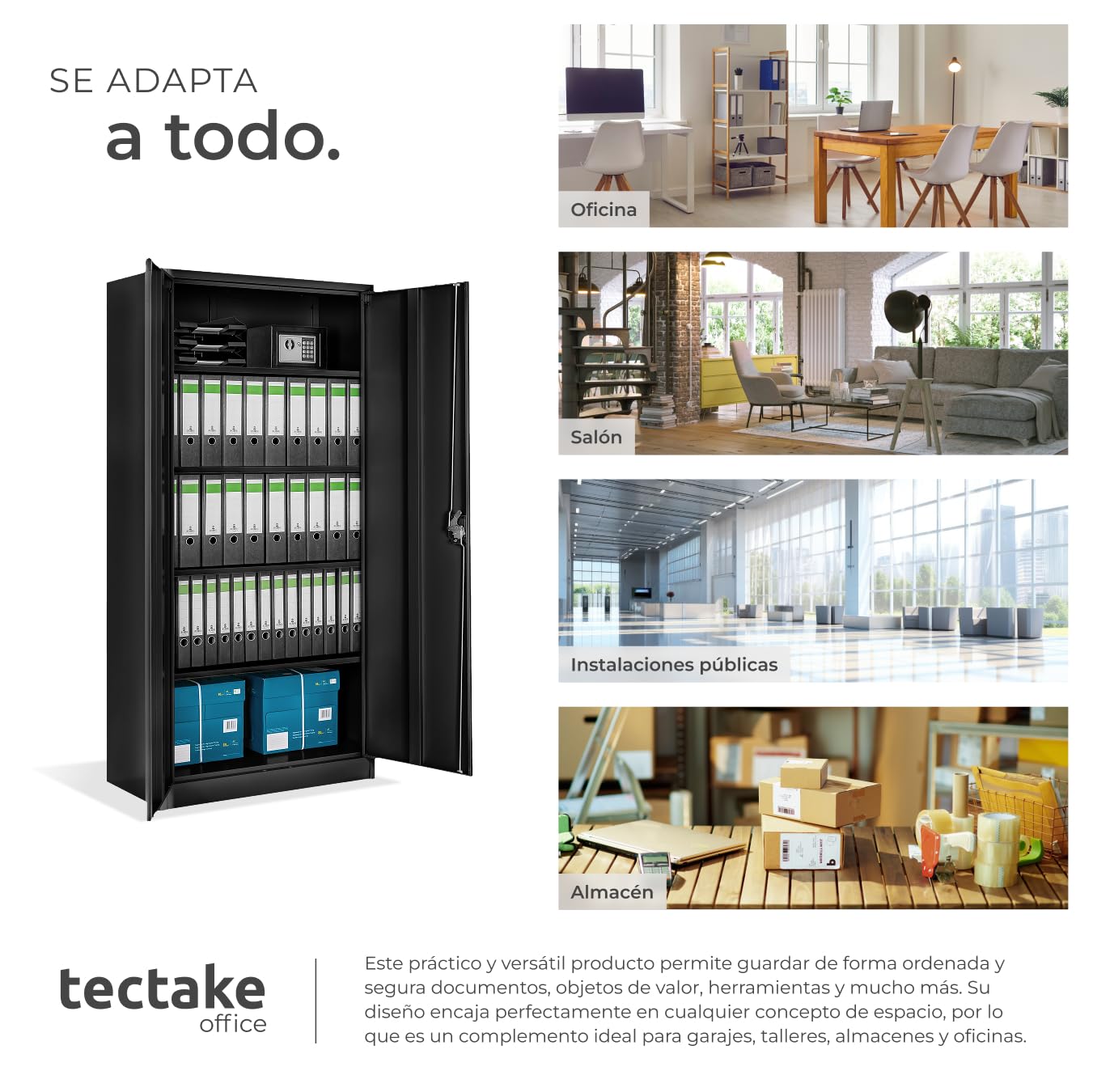tectake® Armario Archivador Oficina en Acero 180x90x40 cm, Armario Exterior e Interior con Cerradura, Armario Multiusos con 2 Puertas, 4 Estantes Ajustables y 5 Alturas, Fácil Montaje - Negro
