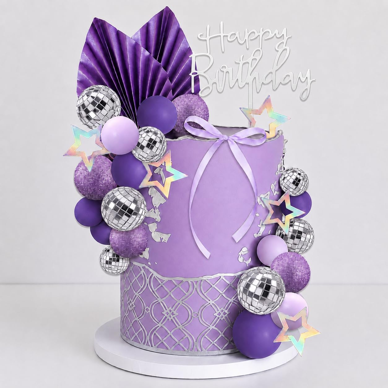 36Pcs Purple Cake Decorations Disco Ball Cake Topper Set, Disco Balls for Cake, Ribbon Bows, Stars for Music Theme Girl Birthday Party Supplies