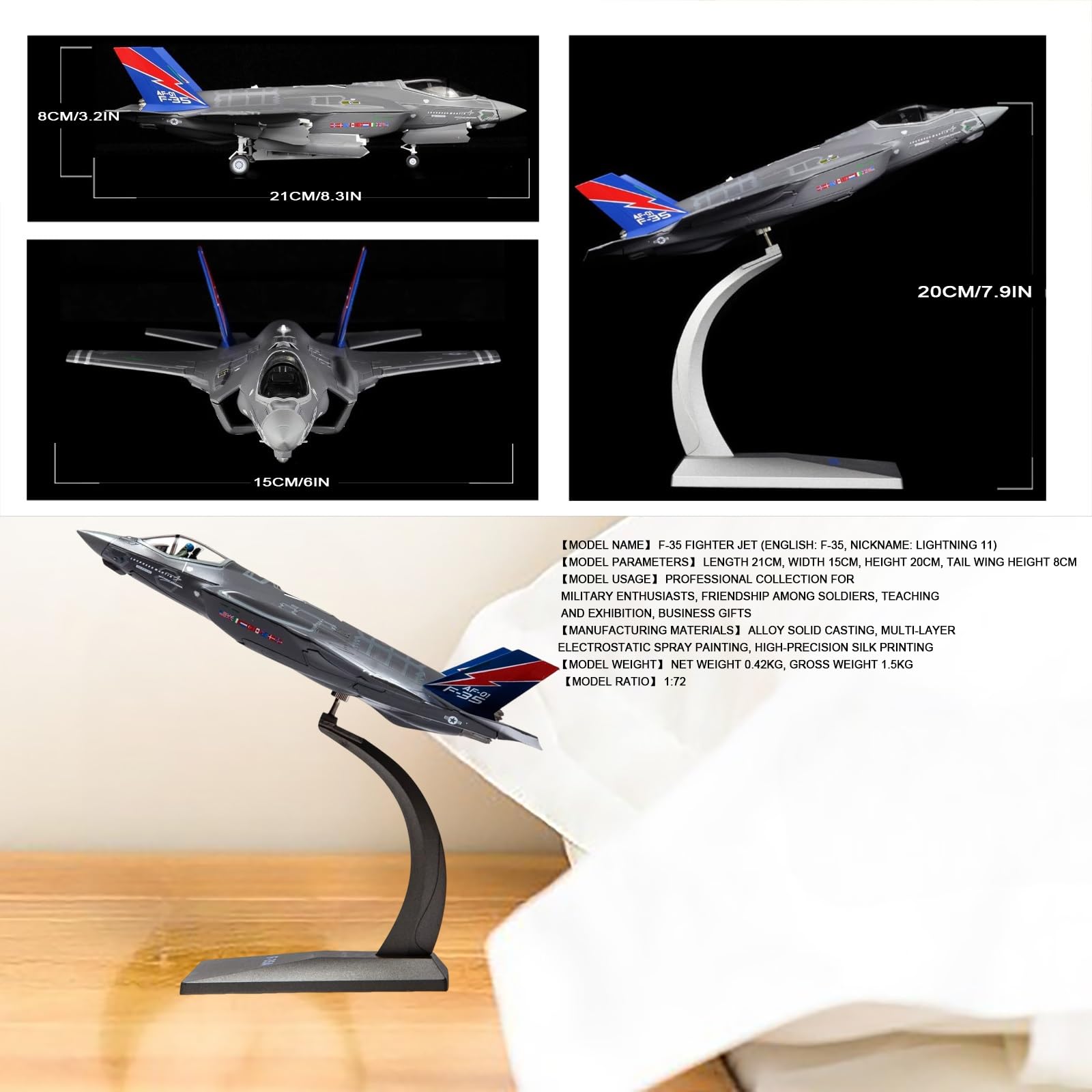 F-35A Lightning II 1:72 Alloy F-35 Fighter Jet Model Bezklejowy Samolot Wstępnie Zmontowany Samolot Kolekcjonerski Samolot Bazujący na Nośniku Symulacji z Podstawką Prezent Wojskowy