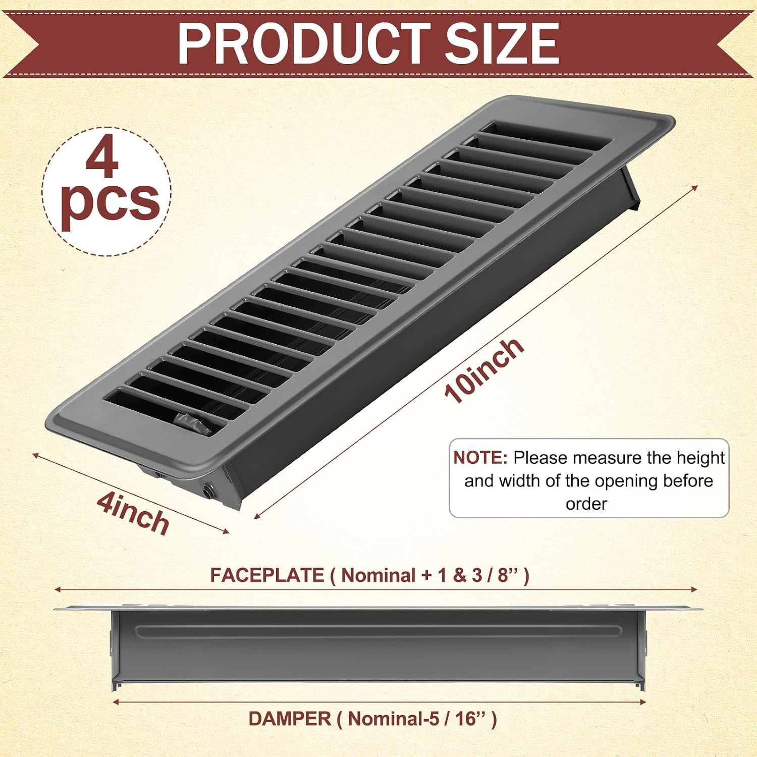 4 x 10'' Floor Vent Covers Heavy Duty Floor Register Metal Heat Vent Covers with Rust Proof Finish for Home Heater (Gray,4 Pcs)