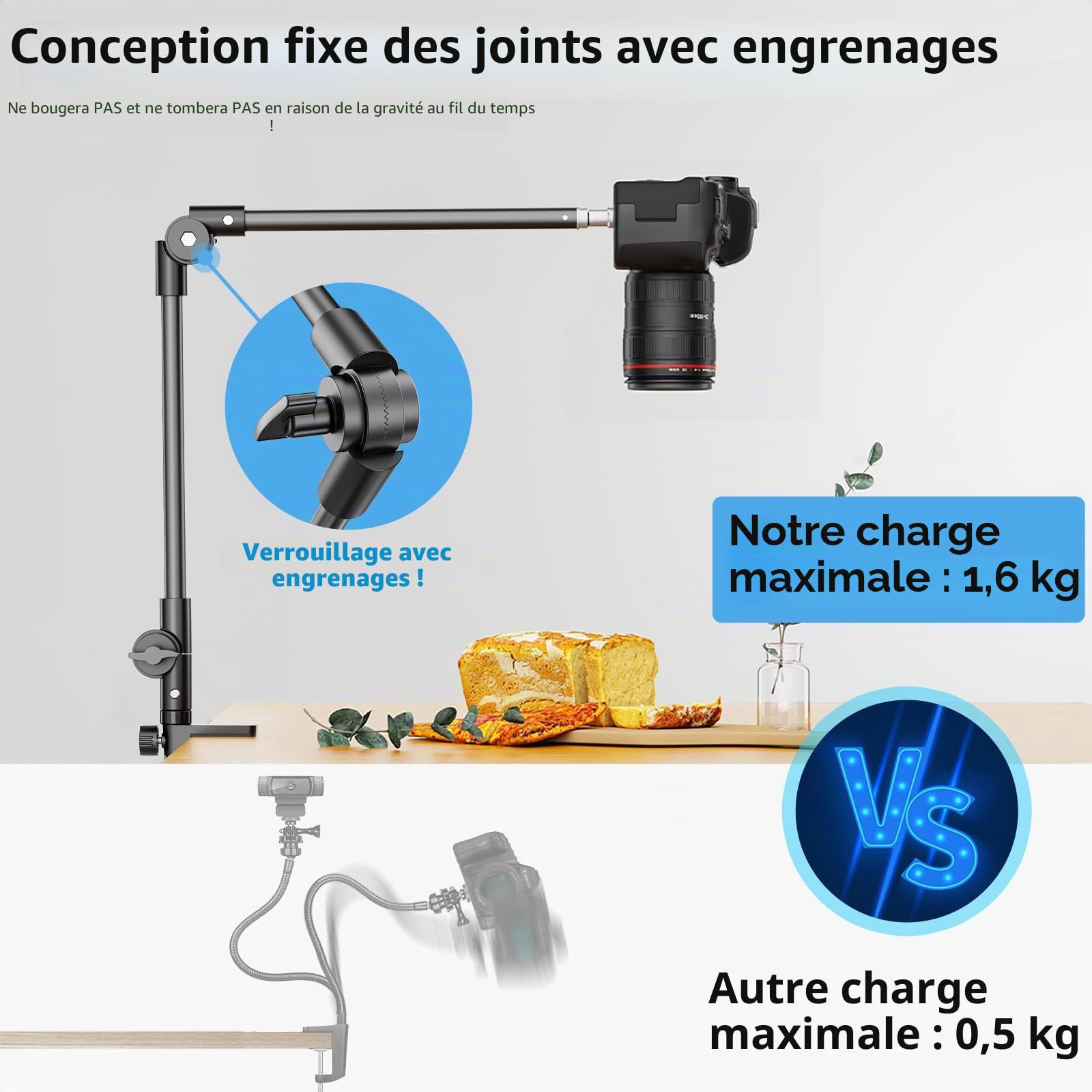 Support de Tablette avec Trépied à 360° pour Téléphone, iPad, 68,6 cm long bras pour webcam, projecteur, caméra pour bureau, pour les appareils de 4,7”-13", iPad Pro 12.9 Air Mini, Galaxy Tabs; Nexus
