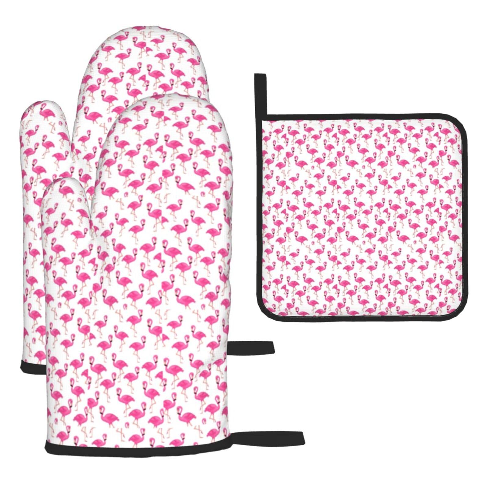 Red Flamingo Print Oven Set Kitchen Gloves Baking Grilling Microwaving Cooking Gift Everyday Holiday