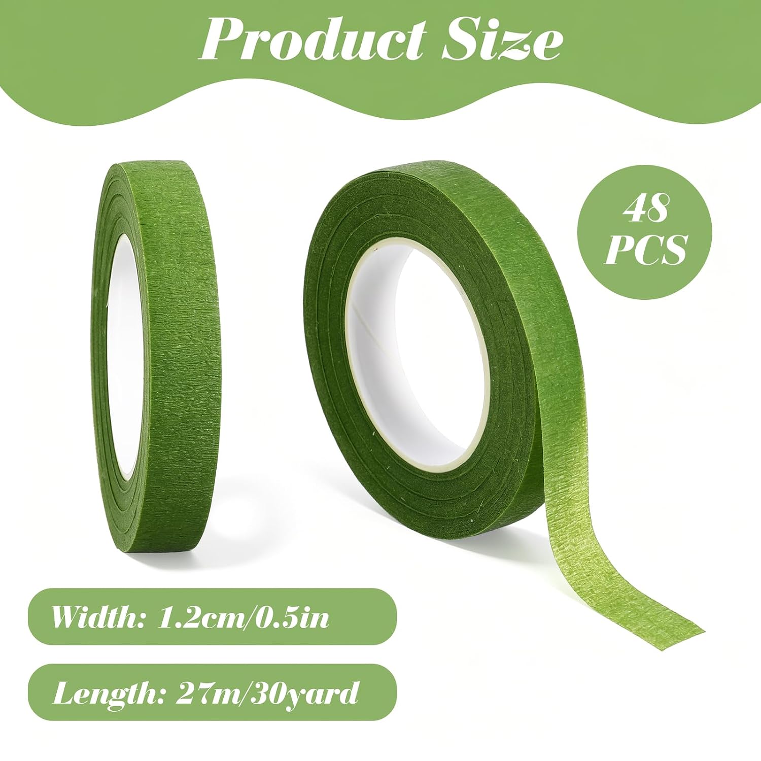 48 Packs Floral Tapes for Bouquet, 1/2 Inch by 30 Yard Green Floral Tape for Stem Wrapping, Light Green Crepe Paper Flower Tape for Wedding Arrangements, Flower Crafts, and DIY Projects
