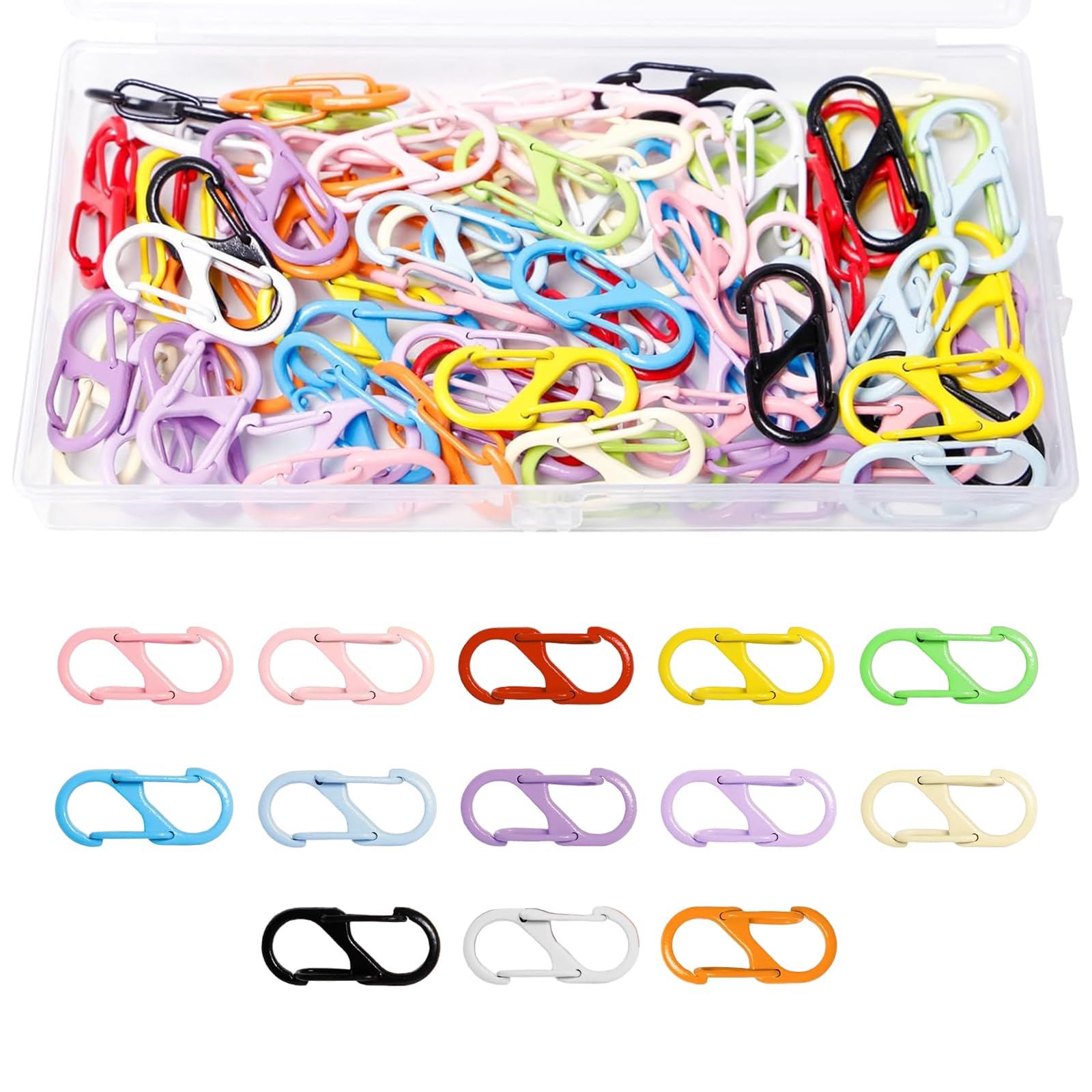 Junhonze 91 PièCes Mini Mousqueton - Petit Mousqueton en S - Mousqueton Porte Clé, AdaptéEs Au Camping en Plein Air, à La RandonnéE, à Un Usage Quotidien, avec BoîTe De Rangement (13 Couleurs) - 2