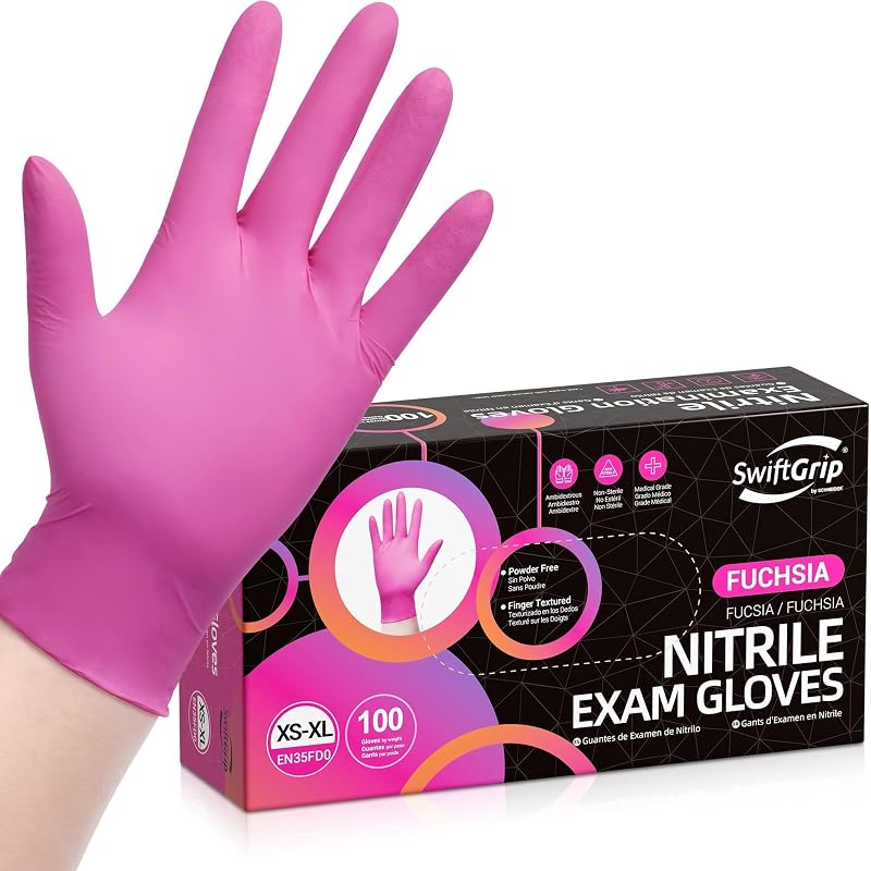 SwiftGrip Powder-Free Nitrile Gloves, 3-mil, Disposable Nitrile Gloves, Latex-Free, Powder-Free - Pink/Fuchsia