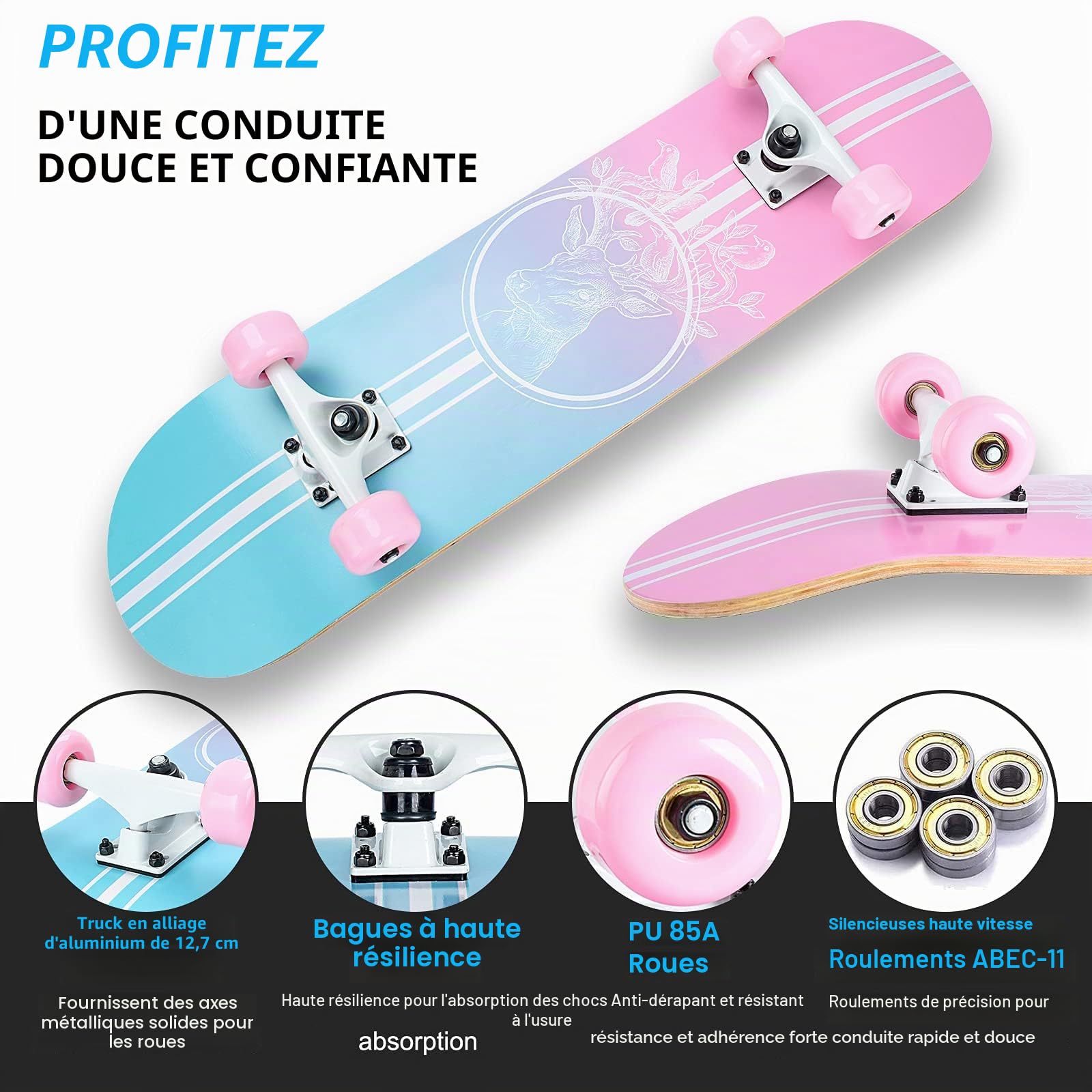 Skateboard, 8 Plis en Bois d'érable 78,9 x 20,3 cm, roulements à Billes ABEC-11 et Roues 95A, Skateboards Standard pour Enfants, Adolescents, Adultes et débutants