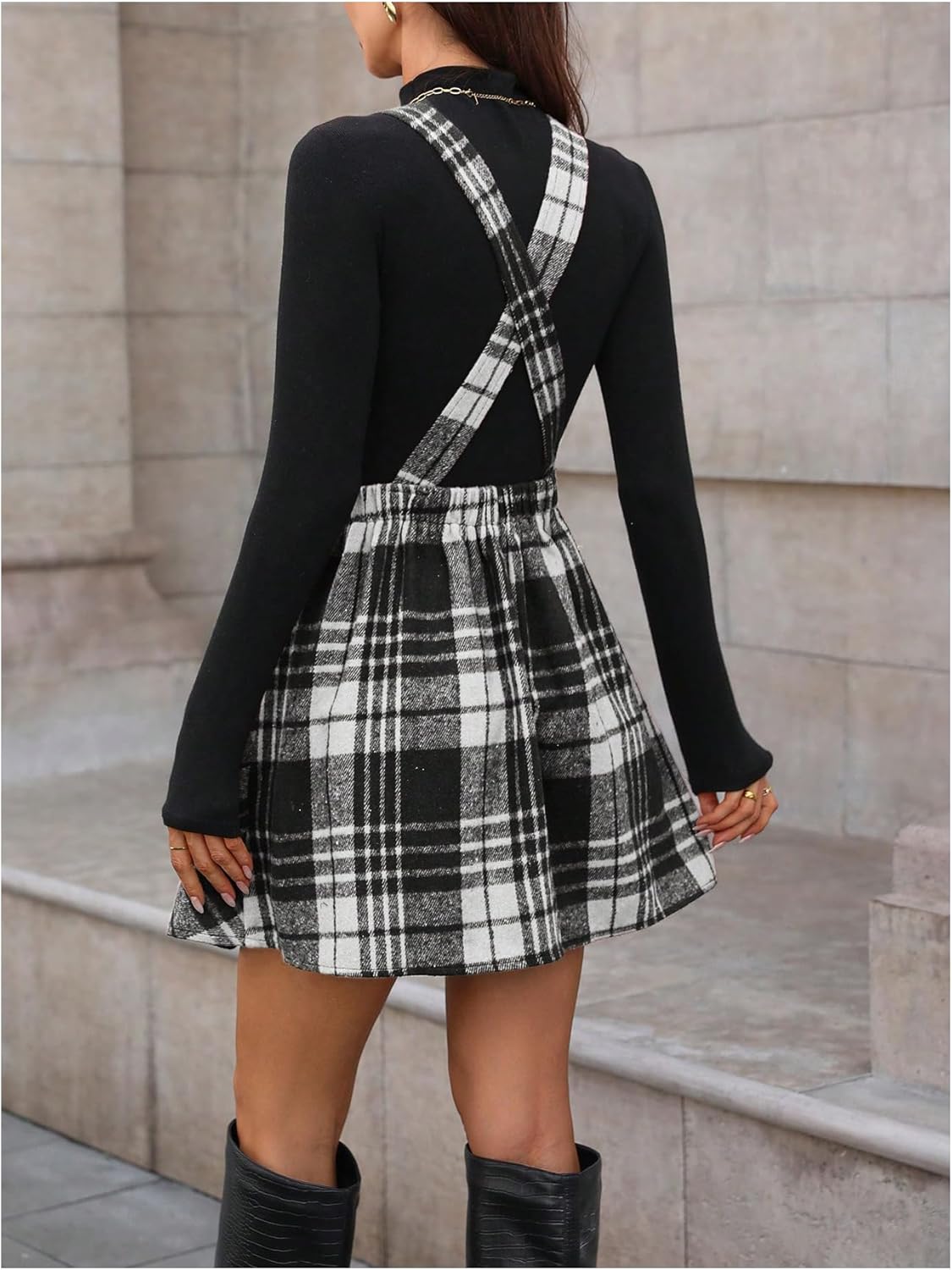 OYOANGLE Women's Sleeveless Plaid Suspender Dress Criss Cross Back Ruffle Short Pinafore Dresses - Image 2