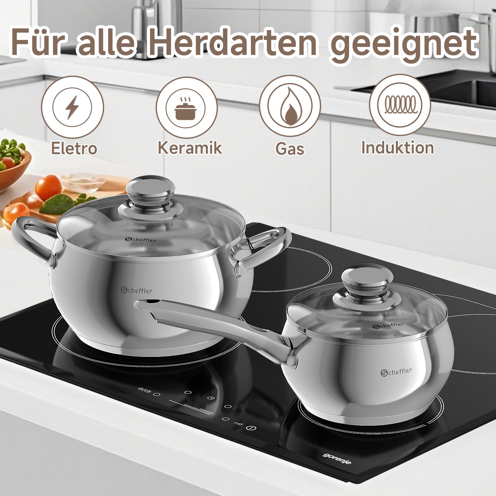 Scheffler Topfset Mit Deckel, 10tlg, Induktions, Für alle Herdarten | Edelstahl-Kochtopfset, 16/18/20/24/24 cm
