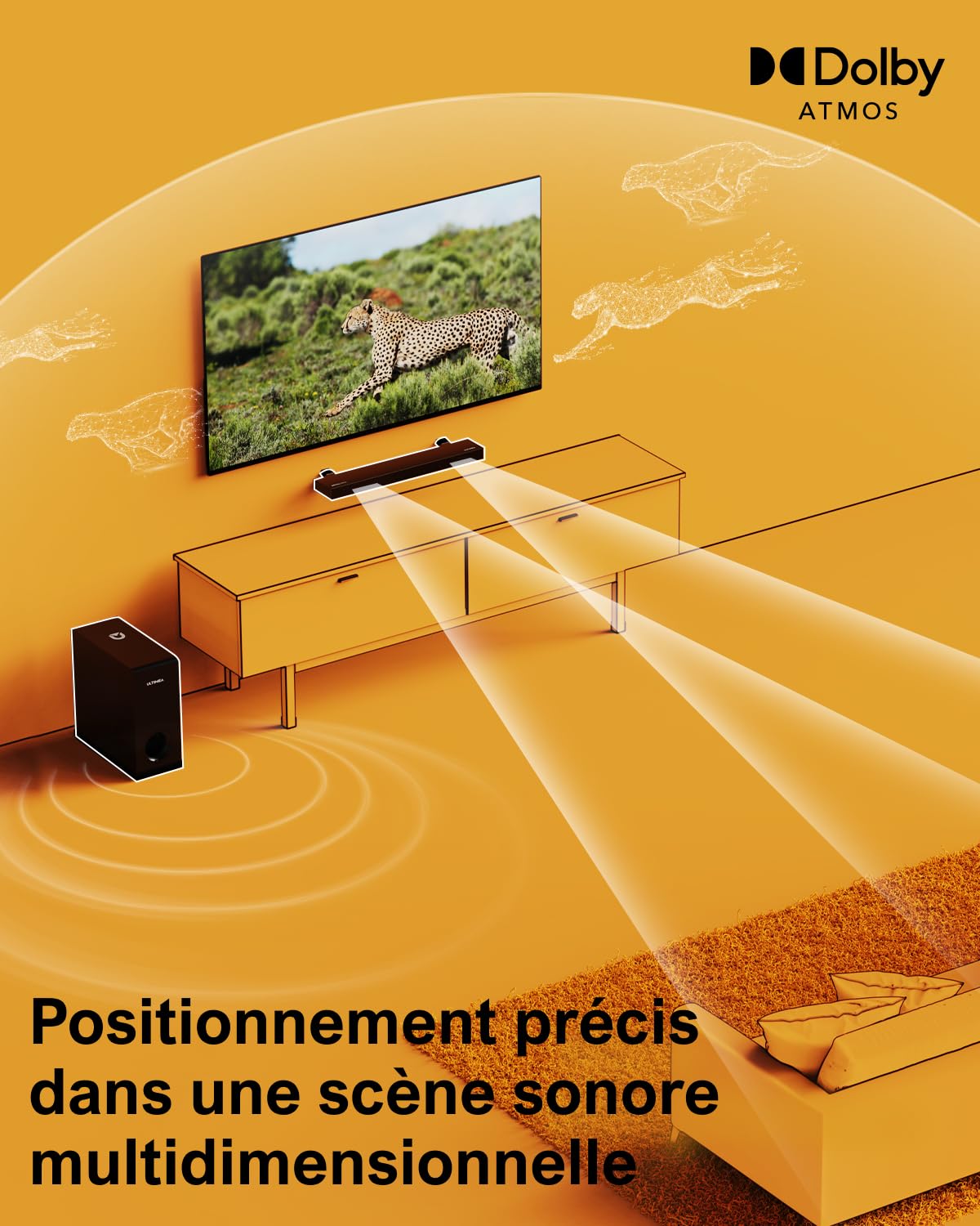 ULTIMEA Dolby Atmos Barre De Son pour TV, BassMX, 3D Surround Système pour Haut-Parleurs, 2.1 Barre Son avec Caisson de Basse pour Home Cinéma, Ultradeluxe, 190W Crête, Nova S50 Série