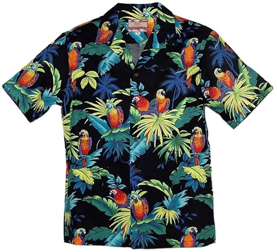RJC Brand Tropical Parrots Men's Hawaiian Shirt - Large - Black