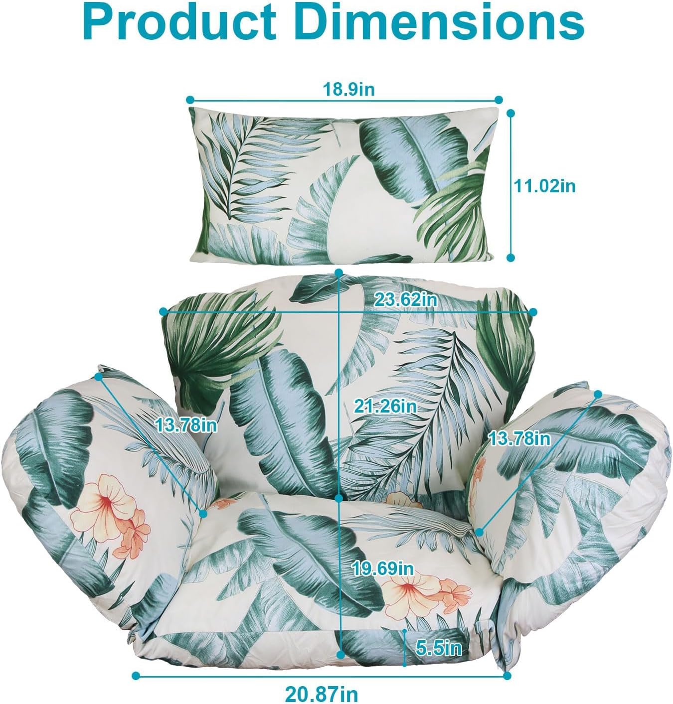 TeqHome Egg Chair Cushion Pad, Updated Hanging Basket Seat Cushion, Porch Swings Chair Cushions, Washable Hanging Basket Chair Cushion for Outdoor Patio Garden (Beige Blue Leaf)