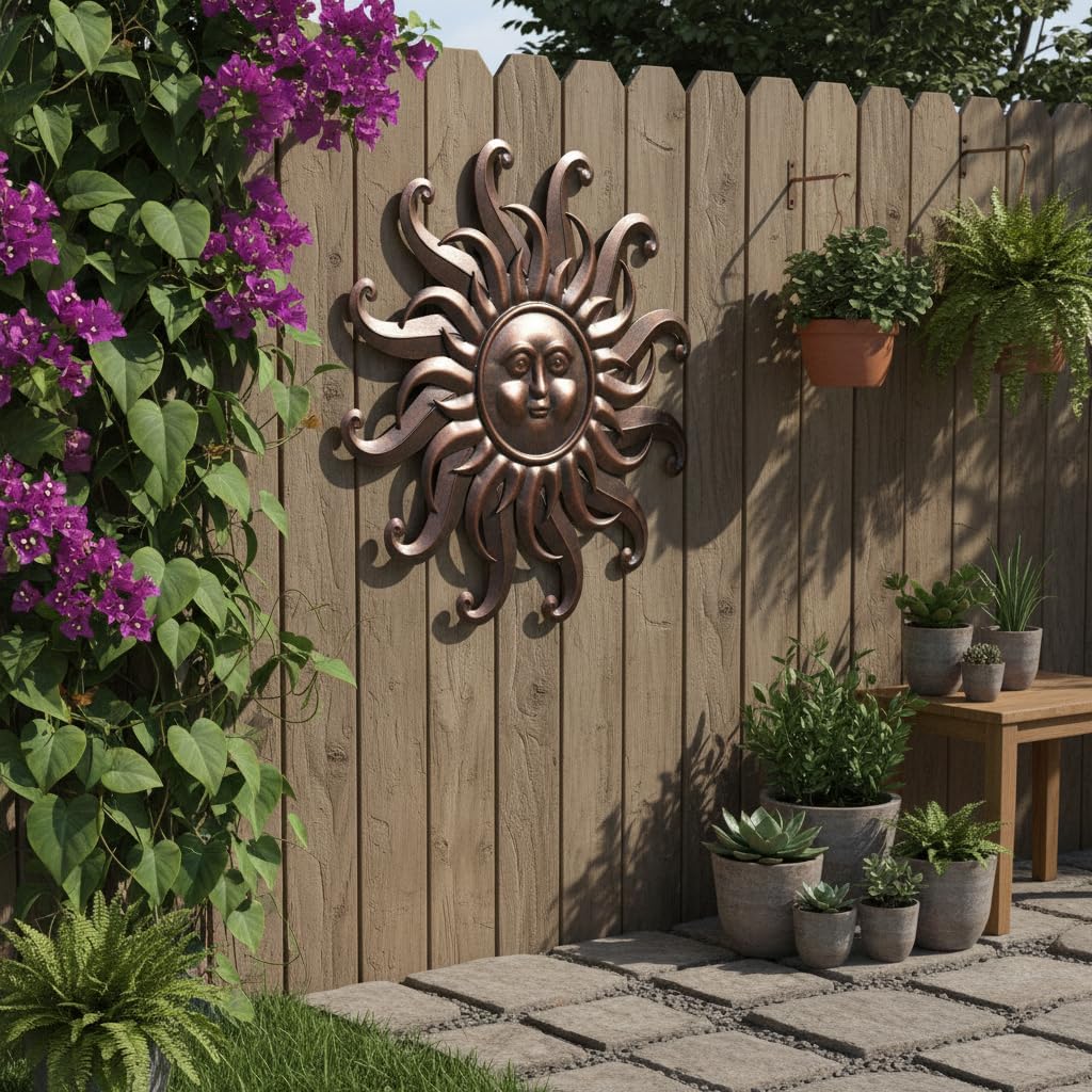 Comfy Hour 25" Bronze Metal Sun Face Wall Art, Antique Vintage Celestial Figurine Style Home Decor, Large Outdoor Garden Sculpture, Patio 3D Decor, Farmhouse Rustic,