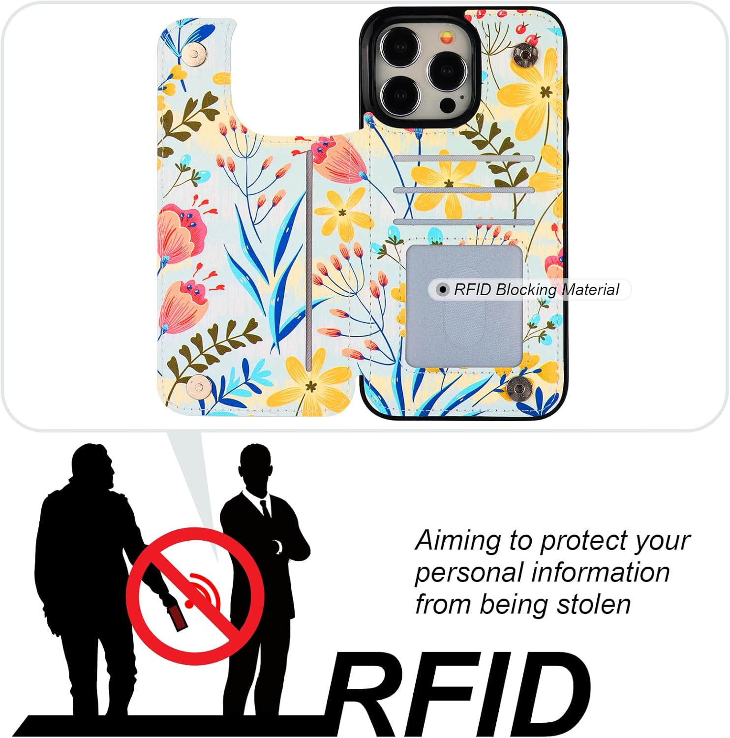 HAOPINSH for iPhone 15 Pro Max Wallet Case with Card Holder, Floral Flower Pattern Back Flip Folio PU Leather Kickstand Card Slots Case for Women Girls, Double Magnetic Clasp Shockproof Cover 6.7" - Image 4