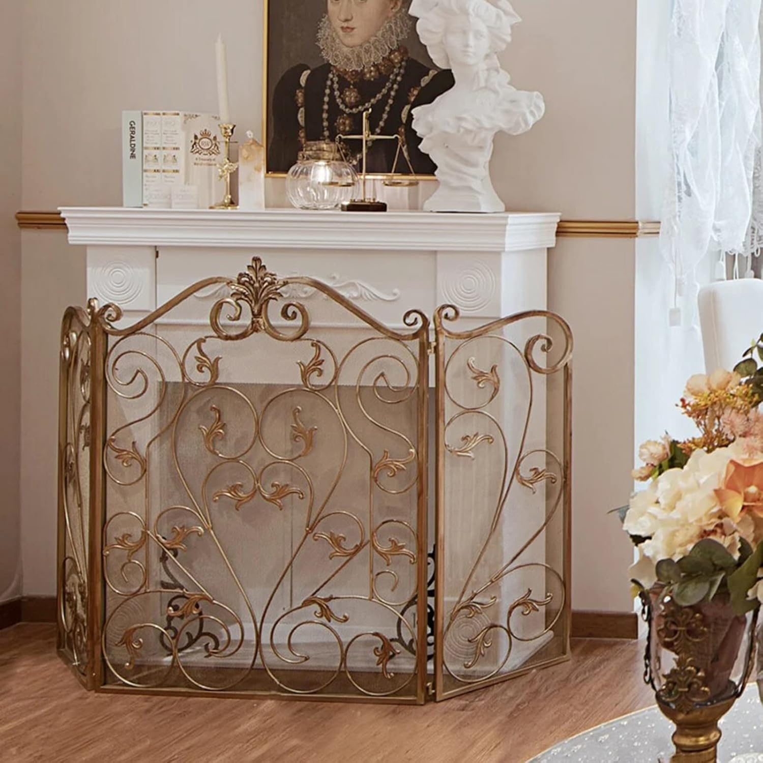 屋内暖炉スクリーン、金属製3パネル折りたたみ式ファイヤースクリーン