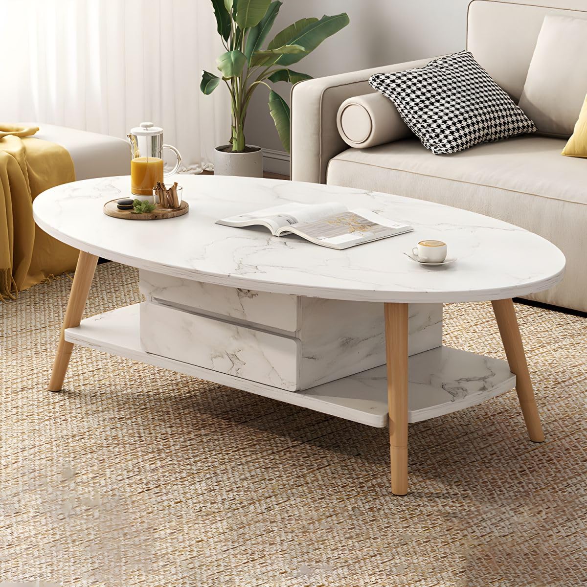 Table basse ovale gain de place blanche brillante pour petit salon