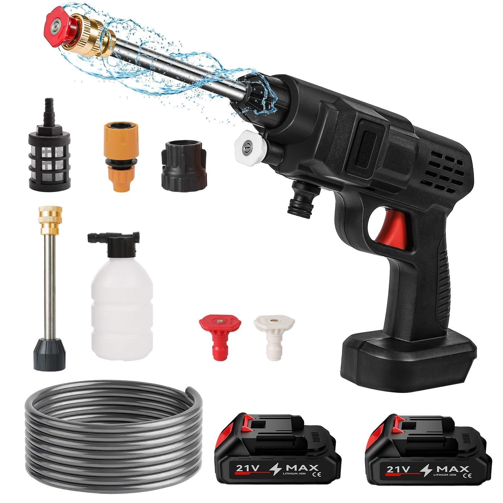 6-in-1 Cordless Pressure Washer 21V, 60 Bar Portable Car Washing Kit with 2 PCS Battery, Foam Pot & 5m Hose, for Car, Fence, Floor, Garden Cleaning for Car/Floor/Garden (A-2 Battery)