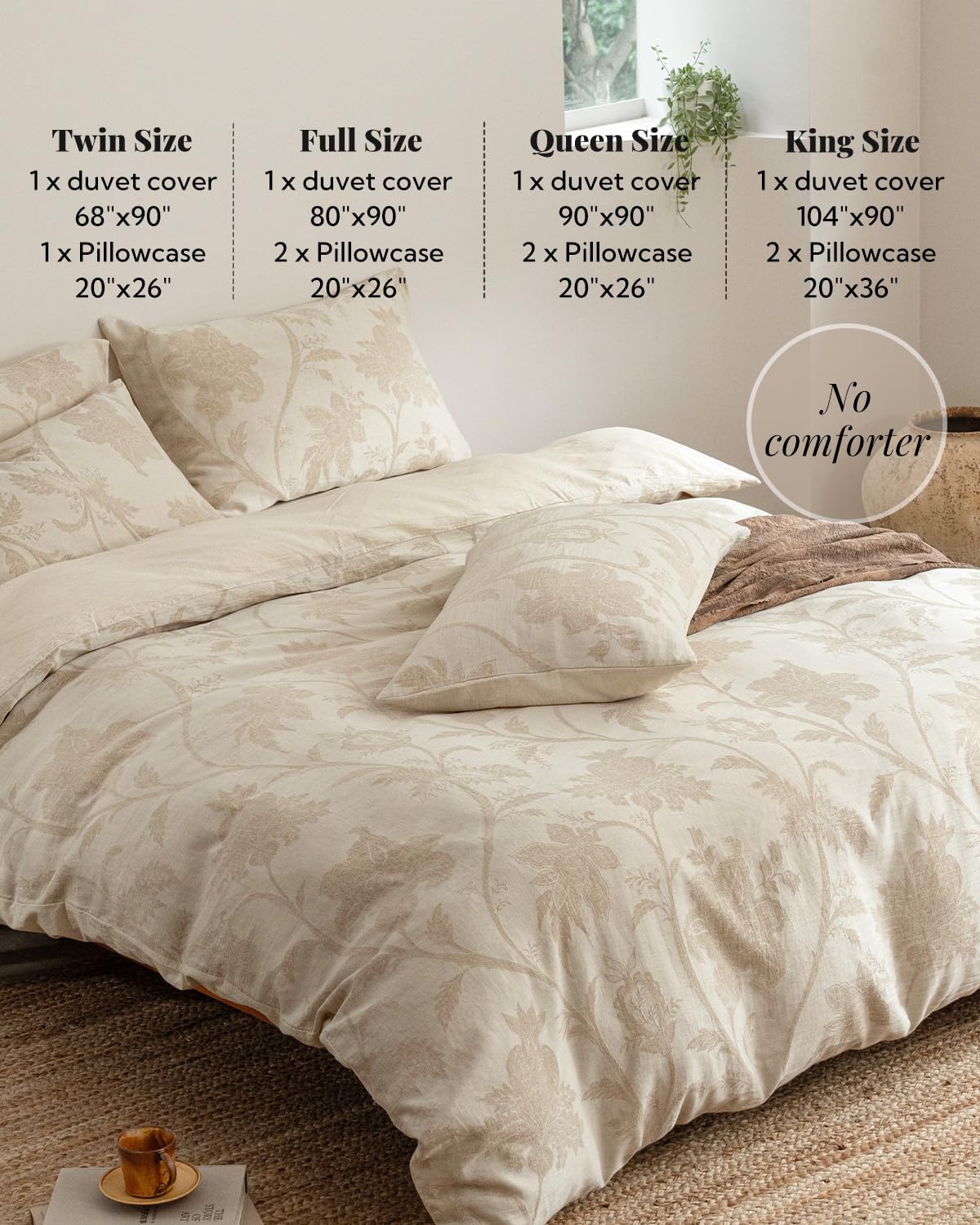 MILDLY Linen Cotton Duvet Cover - Jacquard Textured Botanical Comforter Cover Set 3pcs with Zipper Closure Breathable & Minimalist for All Season