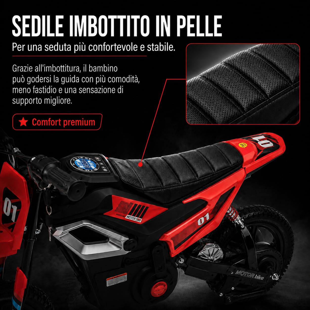 TOYSCAR Moto Elettrica per Bambini 24V 10Ah Thunder Pro Motore 350W, Minimoto Elettrica Moto Cross Elettrica, Pit Bike Elettrica, Ruote Gonfiabili 12" Freno a Disco, Sedile in Pelle, 5-10 Anni (Rosso)