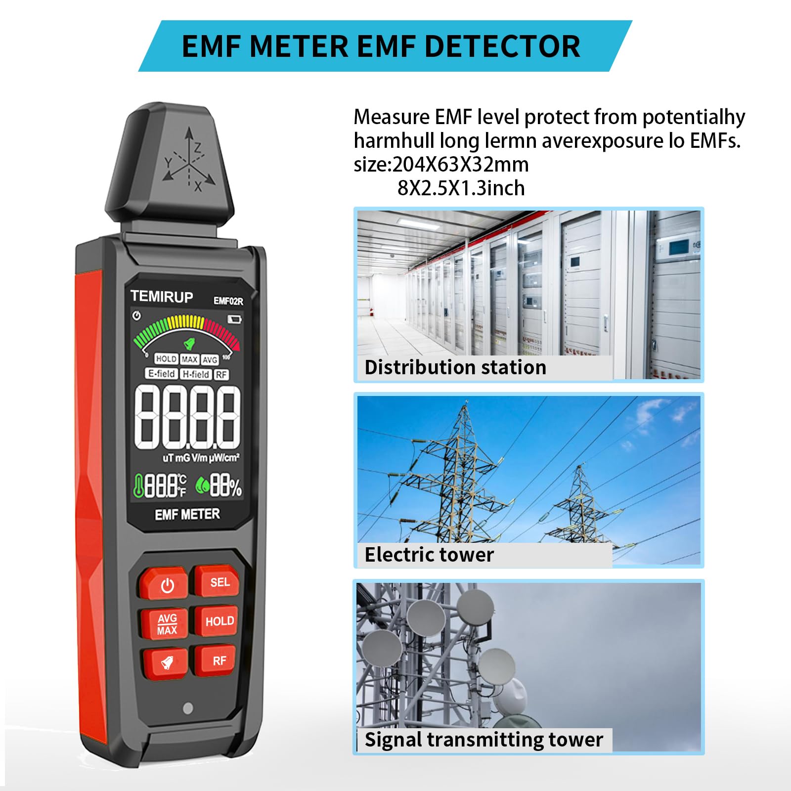 Detector de radiación 5 en 1 EMF, detecta campo eléctrico, magnético y de radiofrecuencia con temperatura humedad, lector EMF recargable para el hogar y caza de fantasmas