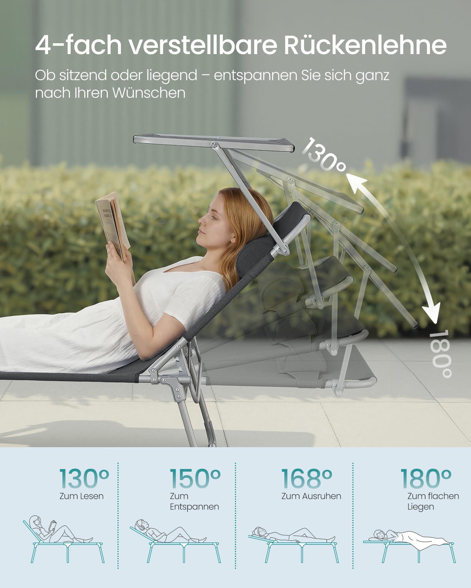 SONGMICS Große Sonnenliege, klappbarer Liegestuhl, 71 x 200 x 38 cm, Belastbarkeit 150 kg, mit Sonnenschutz, Kopfstütze und Verstellbarer Rückenlehne, für Garten Pool Terrasse, anthrazit GCB22GYV2