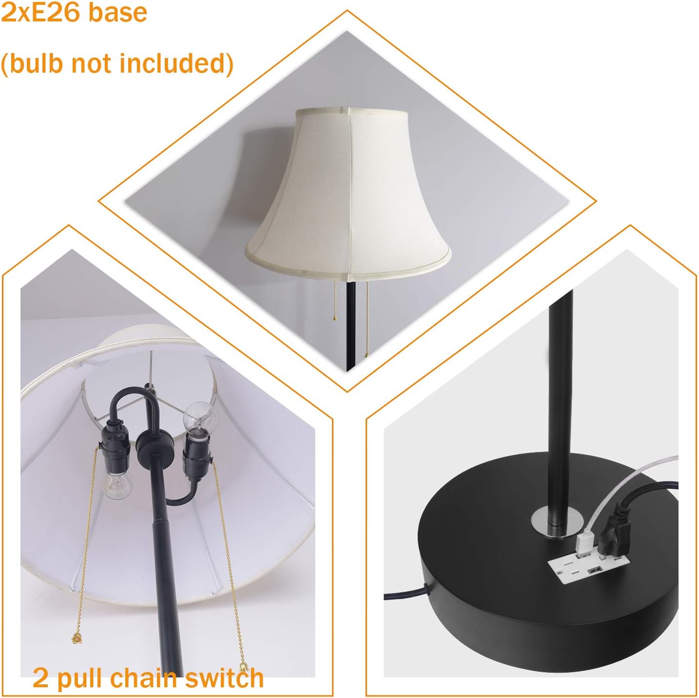 Briever Floor Lamp, Multi-Functional Standing Light with 2 USB Charging Ports& 2 AC Outlets, 2 Light Modern Standing Pole Lamp with Beige Fabric Shade Perfect for Living Room,Bedrooms, Office