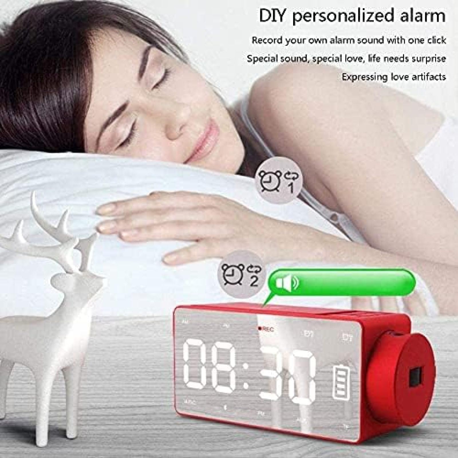 Sveglia Digitale con proiettore LED Specchio Altoparlante Bluetooth Wireless Doppio Allarme Radio FM Porta di Ricarica USB Regalo