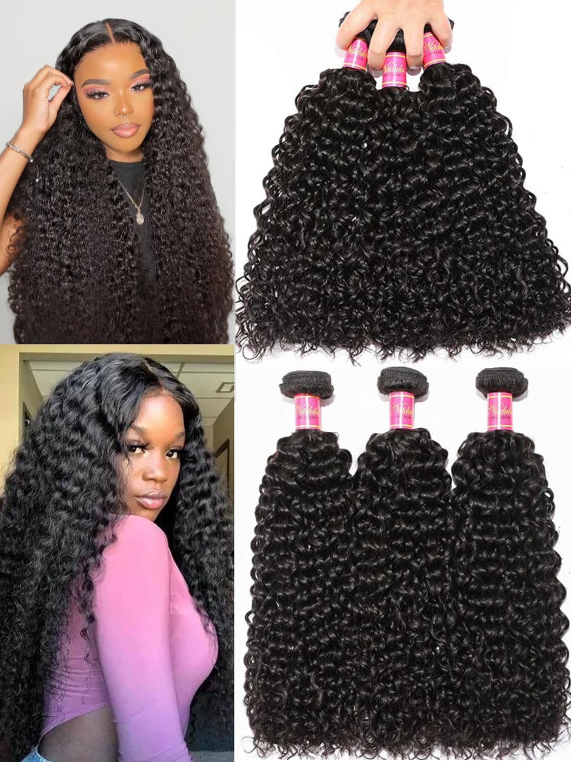 Nadula Malaysian Curly Human Hair Weave 3 Bundles 16 14 12 inches, 100% Unprocessed Virgin Jerry Curly Human Hair Weft Extensions for Women Natural Color Natura