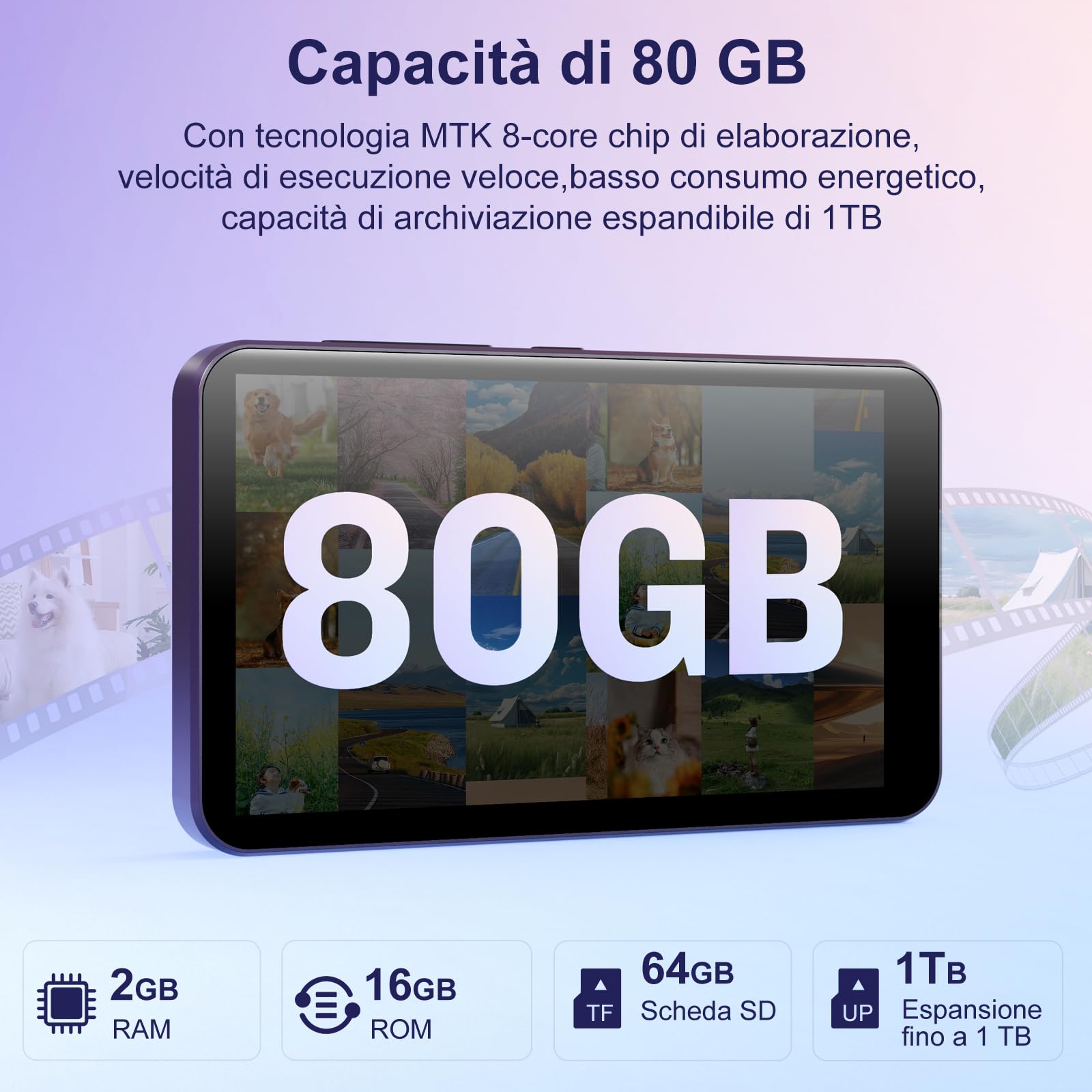 Lettore MP3 da 80 GB con WiFi Bluetooth - Touchscreen IPS da 4 pollici, lettore musicale per bambini, lettore MP4 Android con applicazioni di musica in streaming Spotify, Audible, Play Store