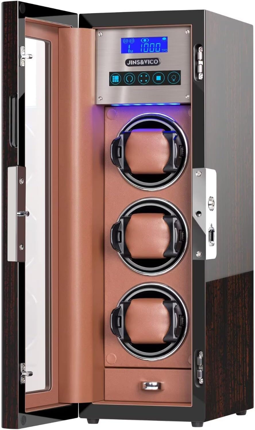 JINS&VICO Vertical Watch Winder for Automatic Watches, Key and Fingerprint Unlock, Glossy Box with Built-in Drawer and Illumination，Flexible Watch Pillows, Fit Lady and Men