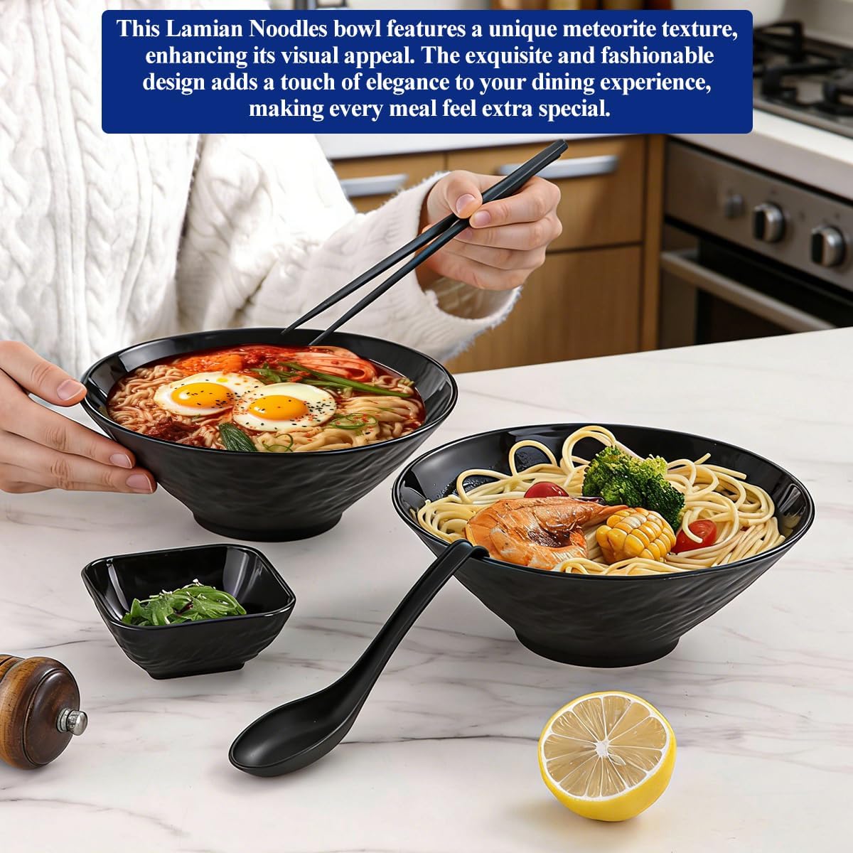 Berglander Ramen Bowl Set 40 oz of 2 with Dipping Bowls Chopsticks Spoons, Unbreakable Japanese Style Plastic Noodle Soup Bowls for Asian Pho Soup Thai Miso Udon Wonton