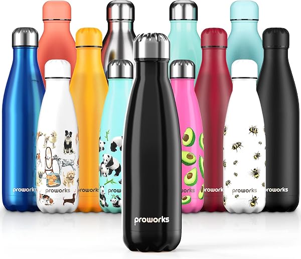 Proworks Performance Stainless Steel Sports Water Bottle | Double Insulated Vacuum Flask for 12 Hours Hot & 24 Hours Cold Drinks - Great for Home, Work, Gym & Travel - 1 Litre - BPA Free – Black - 1